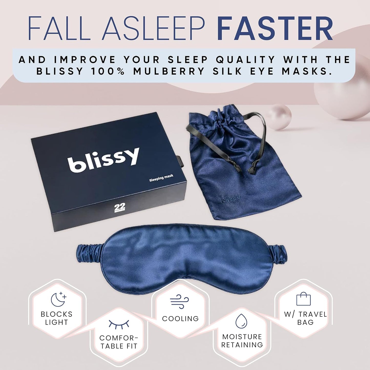 Blissy Silk Sleep Mask - Eye Sleeping Mask for Women & Men for Total Blackout - 100% Pure Mulberry Silk, 22 Momme 6a Fibers - Blindfold Sleep Mask Side Sleeper Eye Cover (Blue)