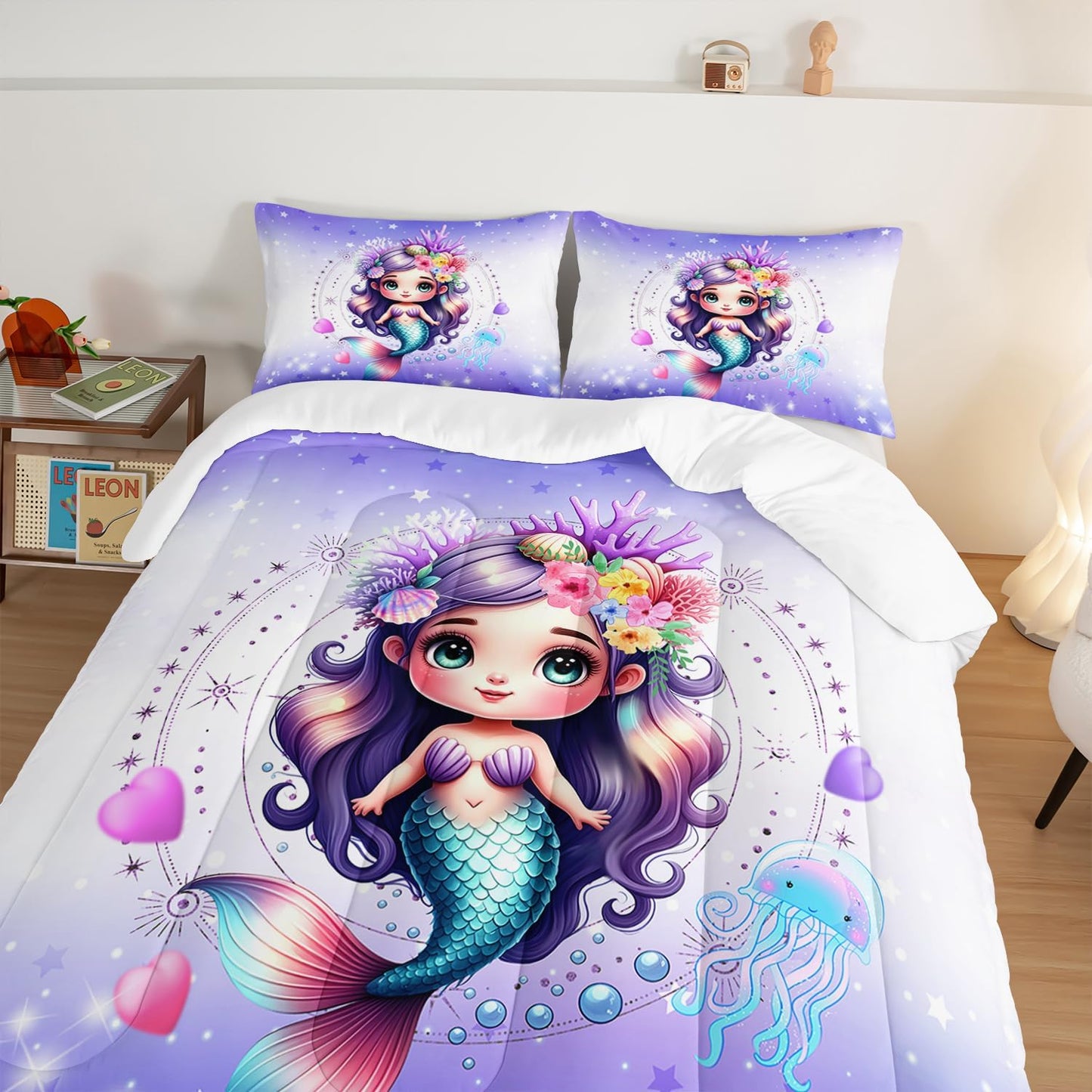 Cute Mermaid Pattern Queen Comforter Set,Star Jellyfish Ocean Themed Bedding Sets for Kids Toddlers Girls Boys Room Decor,Princess Bedding with 2 Pillowcases.