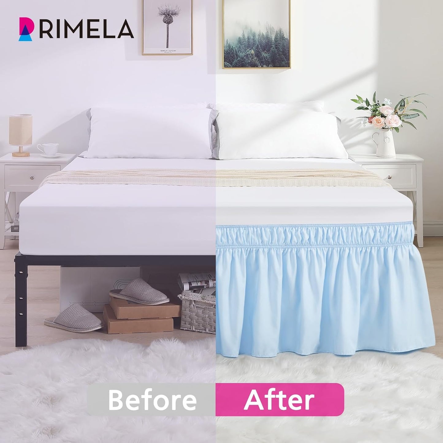 RIMELA Light Blue Bed Skirt King Size 15 Inch Drop, Elastic Bed Skirting for Bed Base and Frame, Bedding Dust Ruffle Easy to Install, Lightweight Wrap Around Adjustable Bedskirt