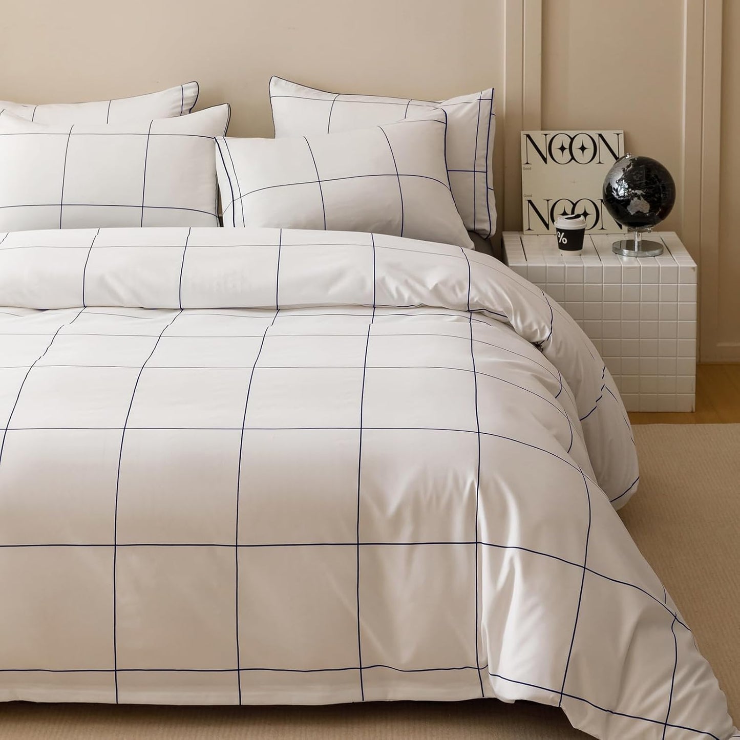 KAREVER White Grid Comforter Twin Boys Grils Navy Blue Square Lines Checkered Bedding Set Twin White Plaid Comforter Twin Size