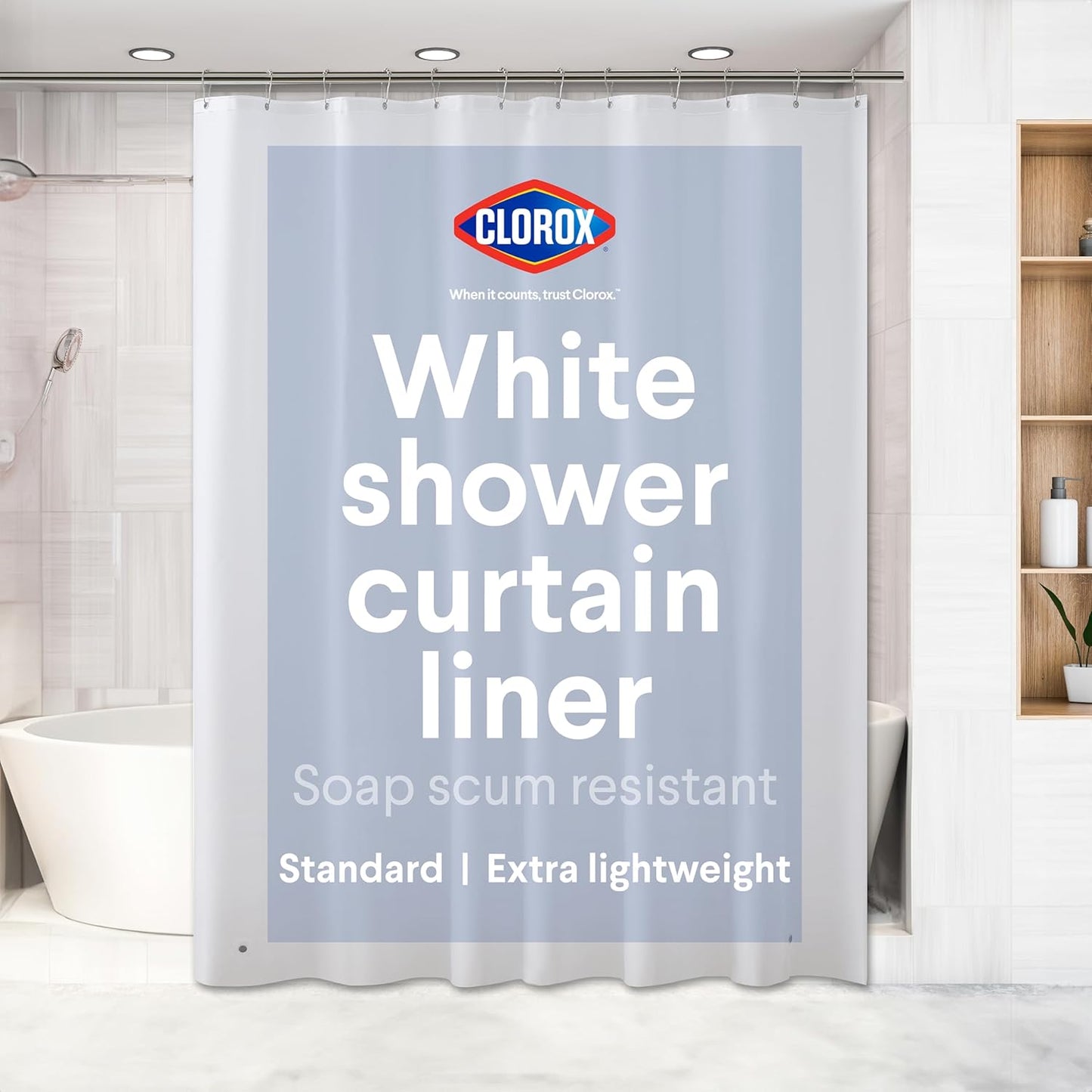 CLOROX Shower Curtain Liner, Premium Lightweight Flexible Waterproof 3g PEVA for Bathroom with Weighted Magnets, Standard Size 70" x 72", White 1 Pack