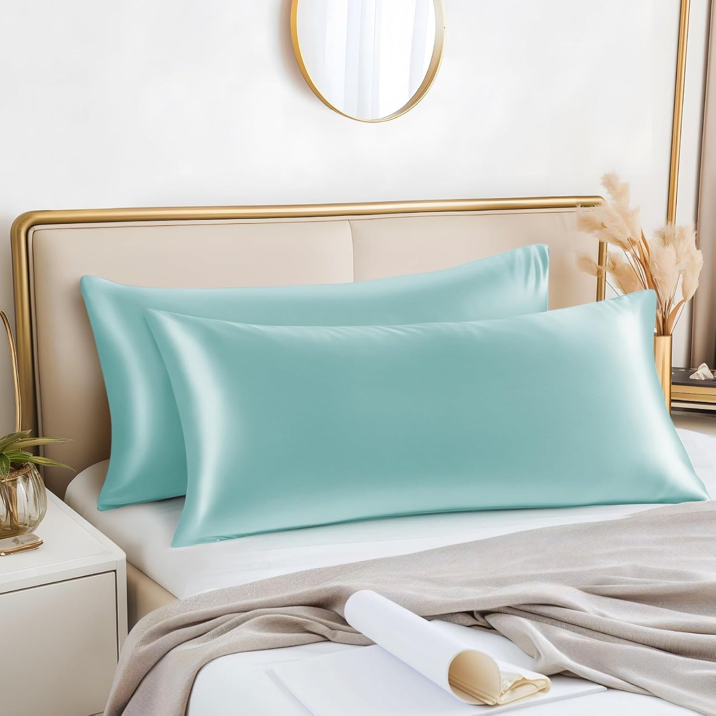 BEDELITE Satin Body Pillow Cover 2 Pack, Super Soft and Cooling Body Pillow Pillowcase for Hair and Skin, Breathable Silky Full Long Pillowcase Cover(20"x54", Blue Grey)
