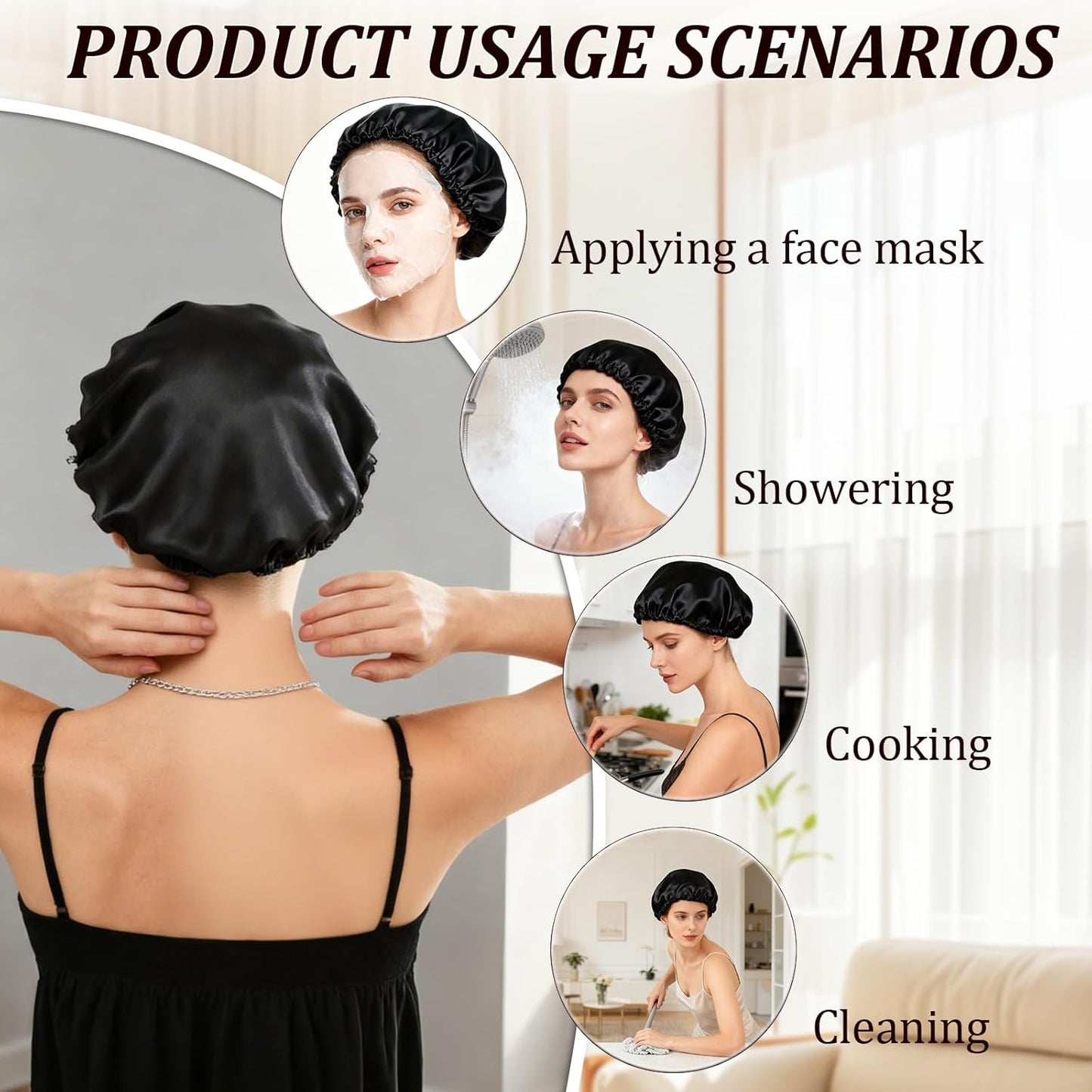 2 In1 Wrap Cap Bonnet Reversible,Adjustable Hair Wrap Cap Nettie Band Net,Extra Long Hair Silk Press Set Braid Bonnet for Curly Black