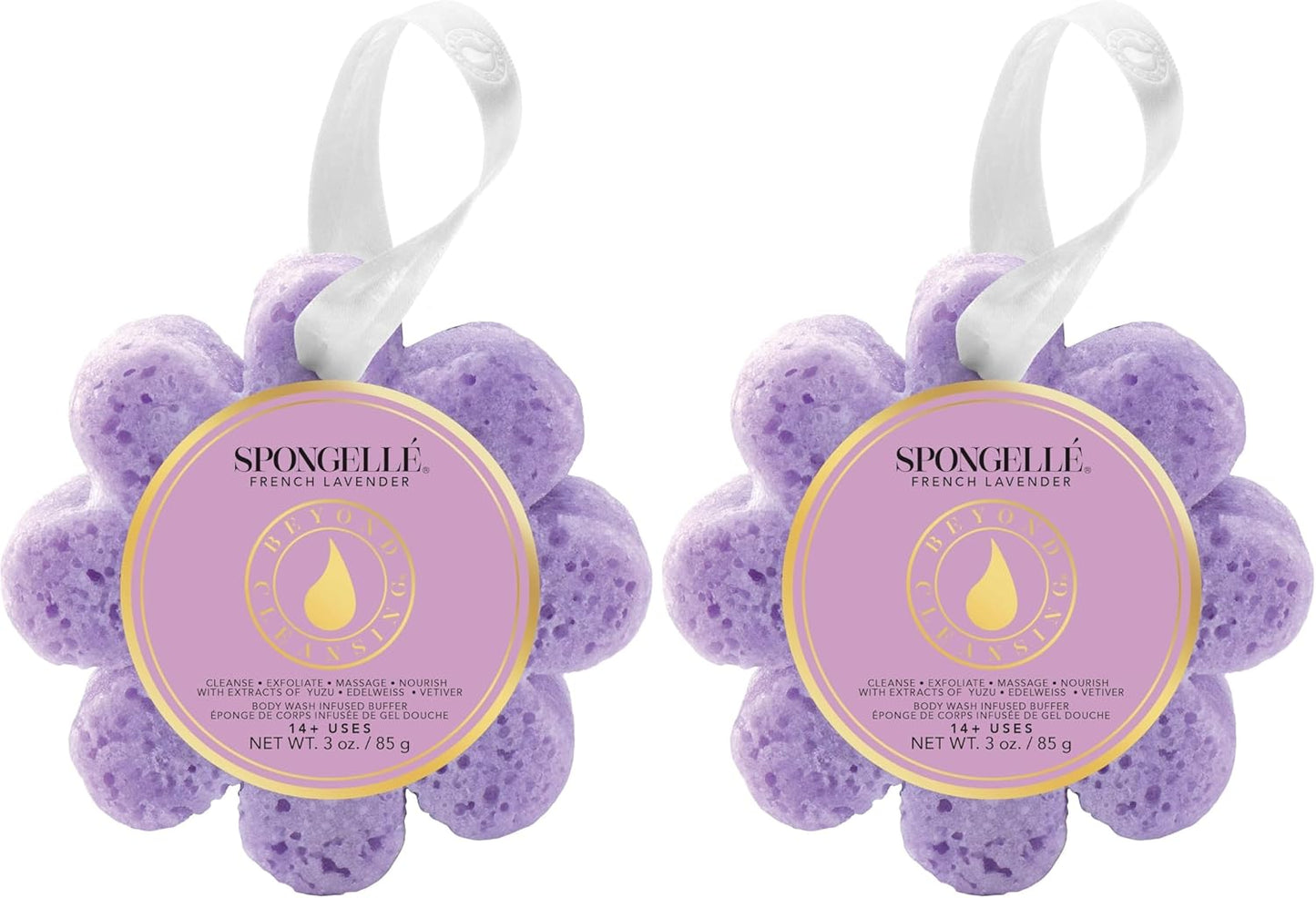 Spongelle French Lavender Wild Flower Buffer Body Scrubber | Bath & Shower Loofah for Women | Exfoliator with Body Wash Infused Sponge | 14+ uses (Pack of 2)