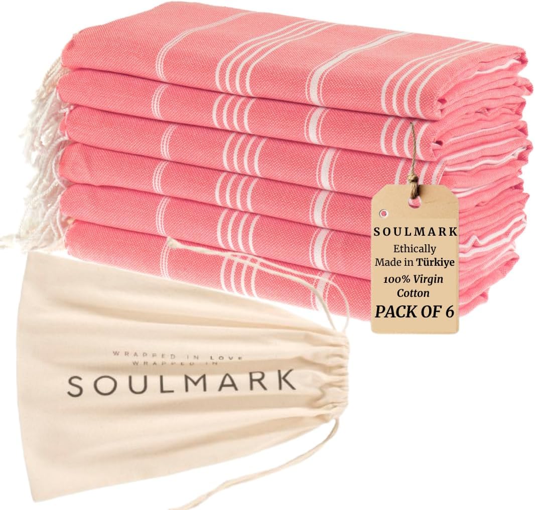 SOULMARK 100% Cotton Turkish Beach Towel with Bag - 38"x71" - 6 Pack - Made in Green & Oeko TEX Certified - Pre-Washed & Sand Free - Quick Dry and Lightweight for Travel - Made in Turkey - Salmon Red