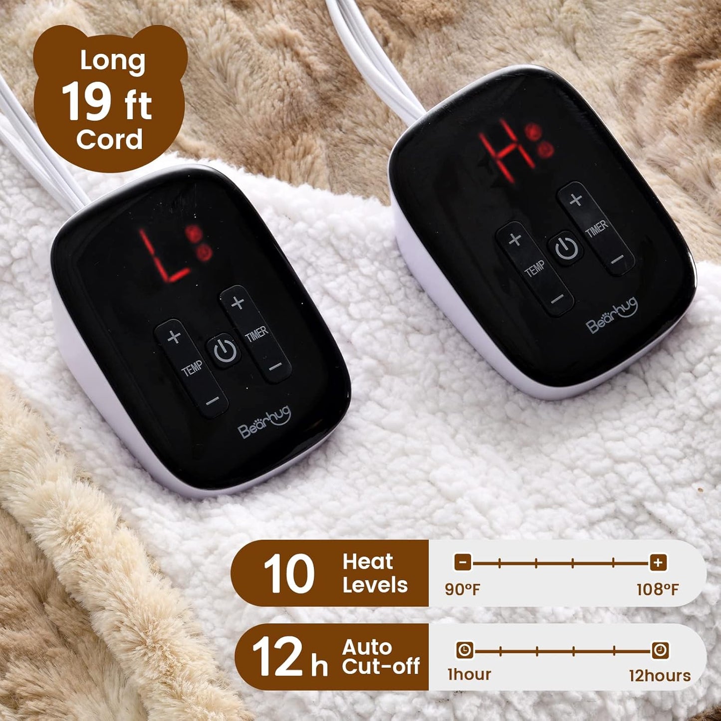 Bearhug Electric Blanket King Size 100" x 90", Dual Controller Heated Blanket, Faux Fur/Sherpa 10-Heating Level & 1-12H Auto Off, Champagne, Over-Heat Protect, ETL, Machine Washable
