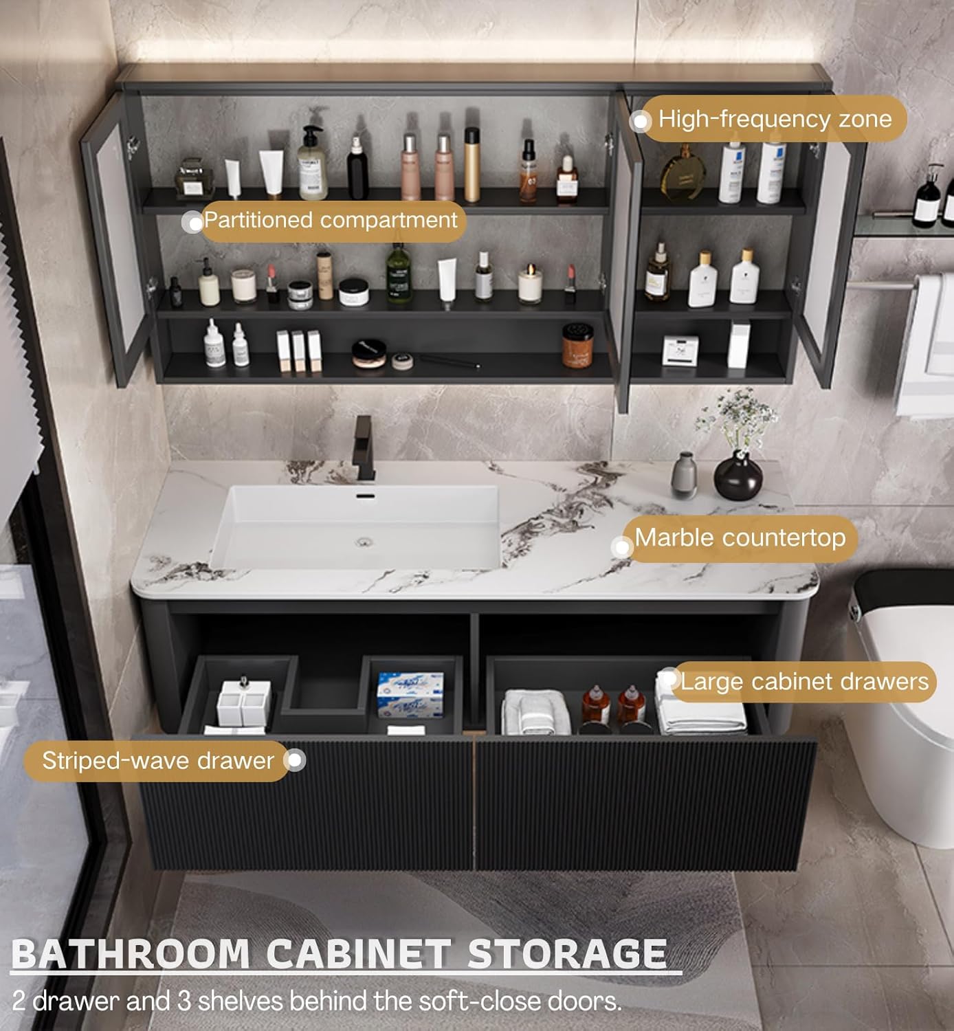 Bathroom Vanity Cabinet, 84" Bathroom Vanity with Sink & Intelligent Defog LED Mirror, Solid Wood Float Vanities, Wall-Mount Bathroom Cabinet with Drawer, Undermount Double Sink, Faucet, Drain(Black)