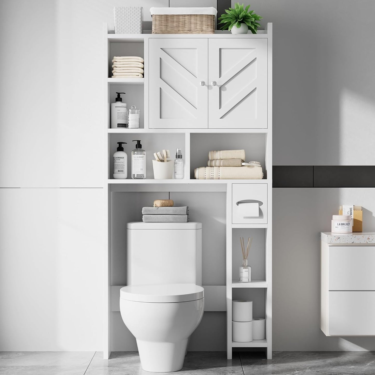 Meilocar Over The Toilet Storage Cabinet, Bathroom Over Toilet Storage Cabinet, Bathroom Storages Organizer Cabinets with Toilet Paper Holder and Adjustable Shelf, White
