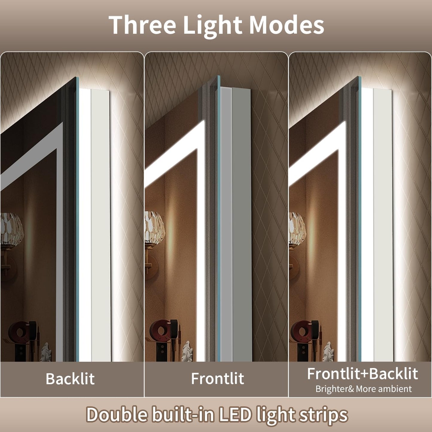 LED Mirror for Bathroom, 60x36 Inch Backlit + Front Lighted Bathroom Vanity Mirror with Lights for Wall, Double Light Strips, 3 Colors, Shatter-Proof, Anti-Fog and Brightness Memory