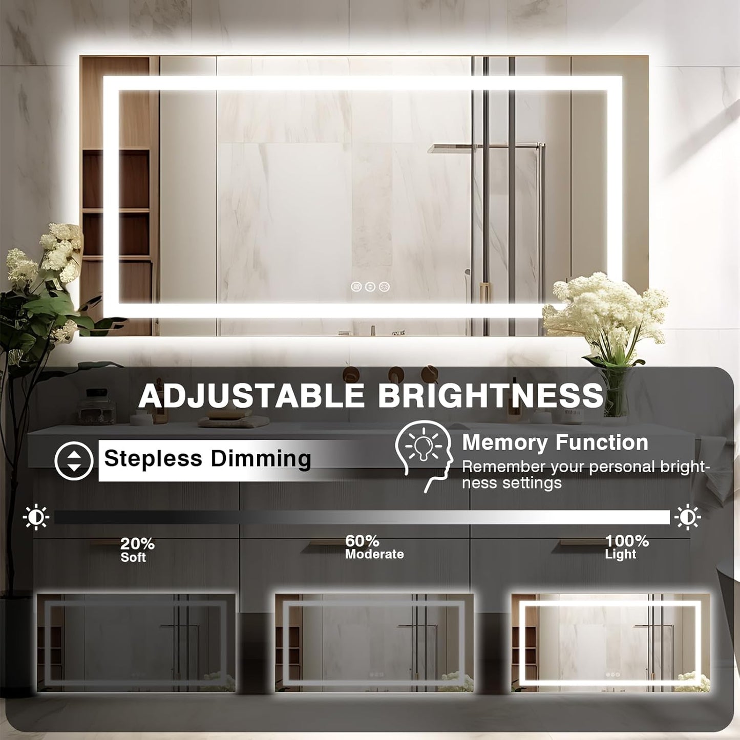 72"x40" Large LED Bathroom Mirror with Lights (Front & Backlit), Fogless, Stepless Dimmable, 3 Color Smart Mirror (Horizontal/Vertical)