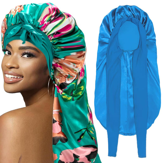 2Pcs Bonnets for Black Women Braid Bonnet, Large Long Satin Silk Bonnet for Braids,Black Women Braid Bonnet with Stretchy Tie Band for Sleeping Extra Long (Blue&Printing Flower) Purple