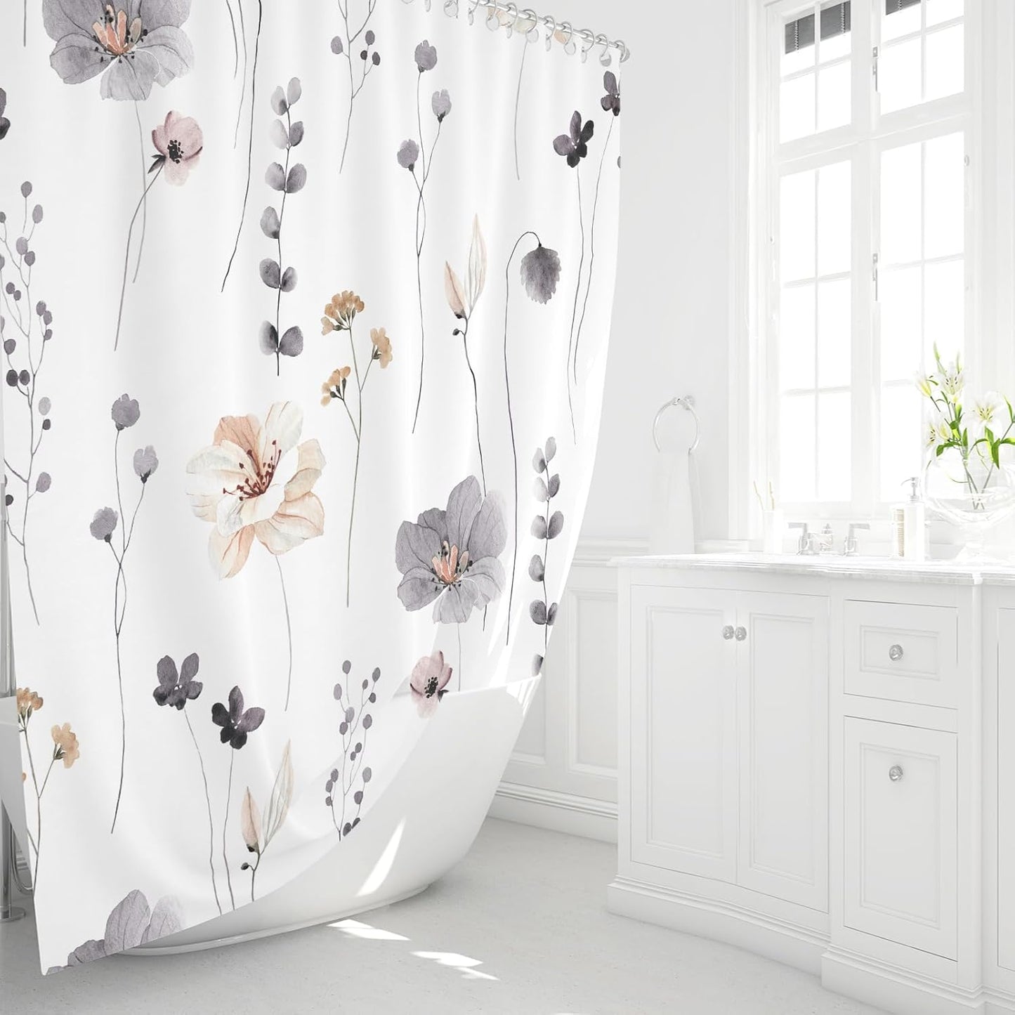Gibelle Watercolor Floral Shower Curtain 72x72 Inch, Charcoal Grey Beige Flower Modern Minimalist Fabric Bathroom Decorative