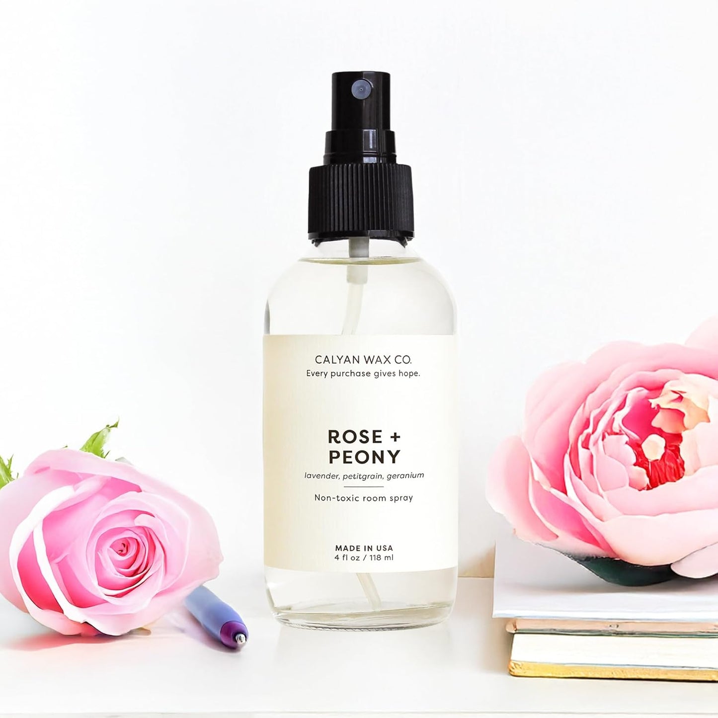 Calyan Wax Co. Rose & Peony Room Spray - Non Toxic Air Freshener - Natural Room Deodorizer with Essential Oils - Air Freshener Spray for Home - 4 fl oz