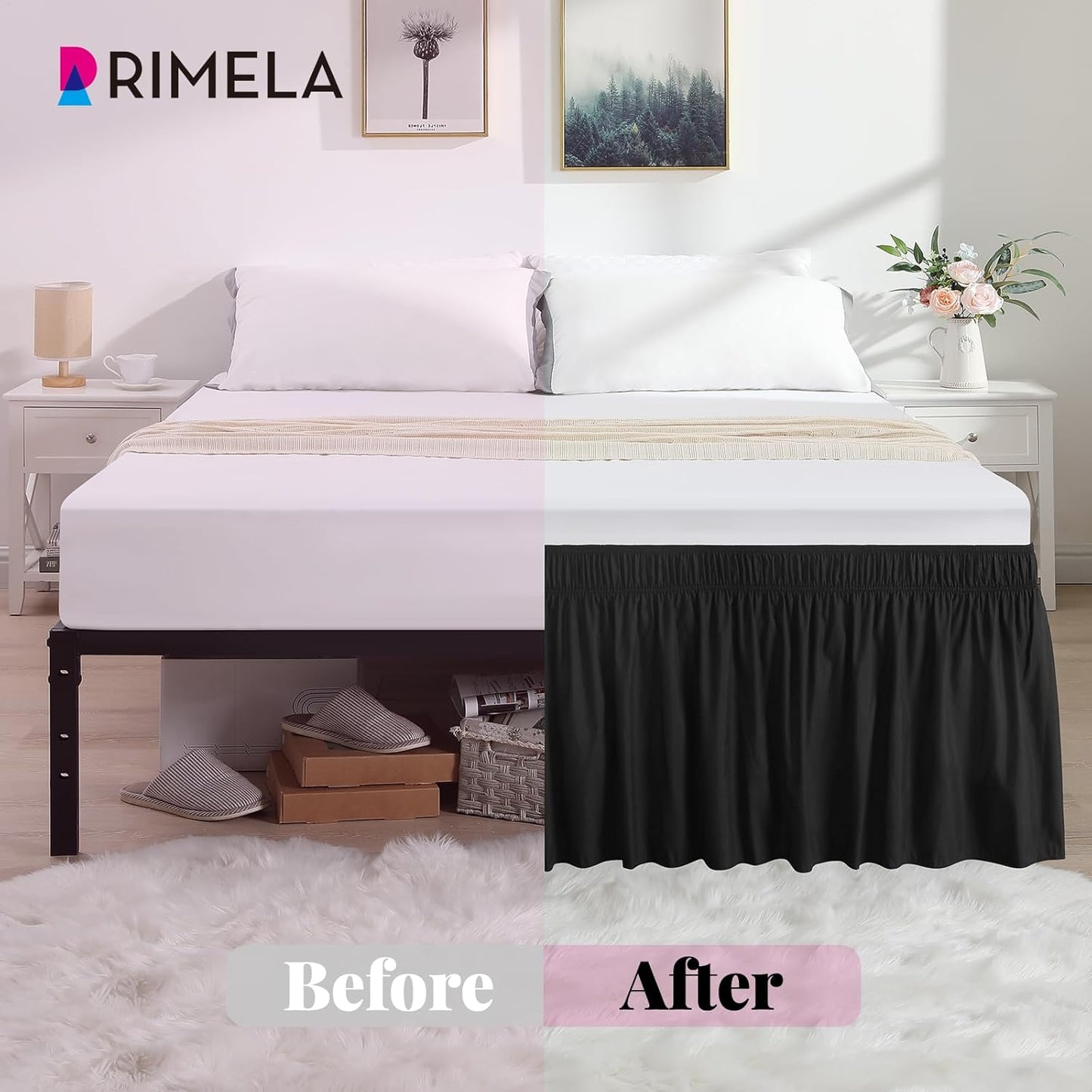 RIMELA Bed Skirting Queen Size Black Bed Skirt 12 Inch Drop, Wrap Around Elastic Adjustable Bedskirt, Dust Ruffle for Bed Frame & Box Spring Soft Durable Fabric Machine Washable Easy to Install