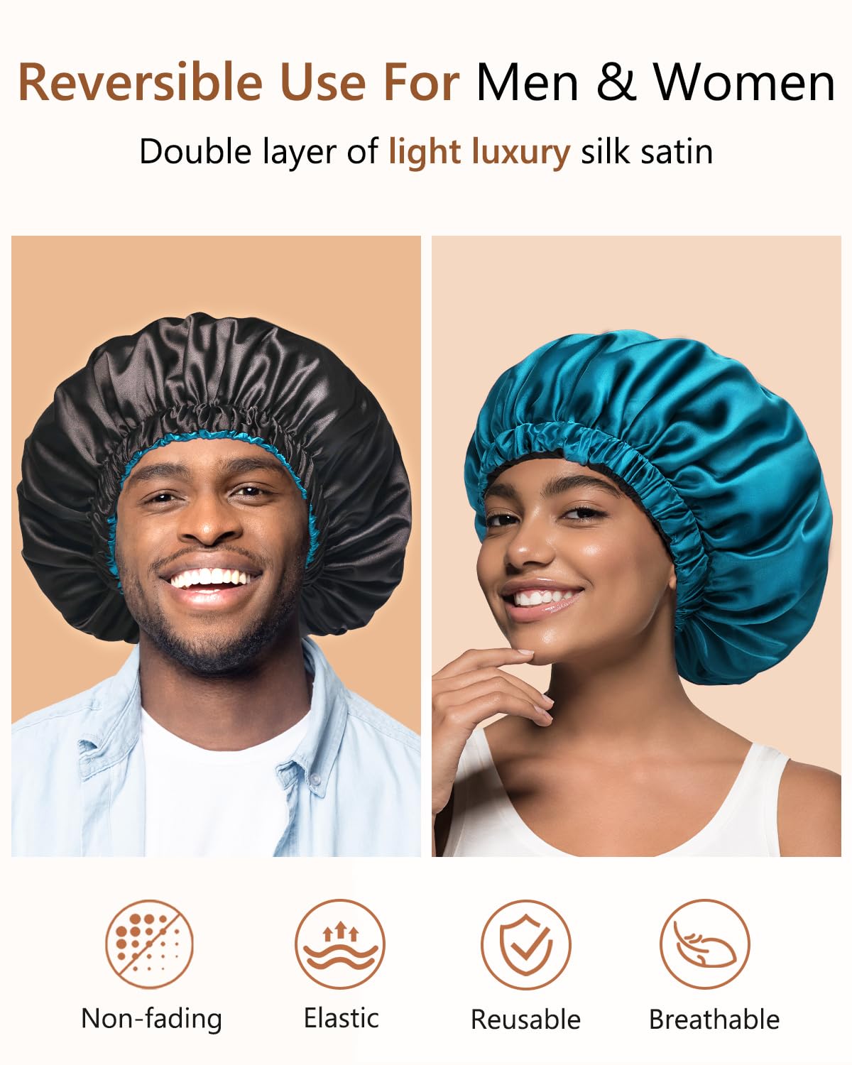 mikimini Satin Bonnet Pack of 2 for Men and Women, Reversible Double Layer Sleeping Silk Bonnet for Curly Hair Braids with Anti-Slip Adjustable Widened Elastic Band Super Large Soft (XL, Black/Blue)