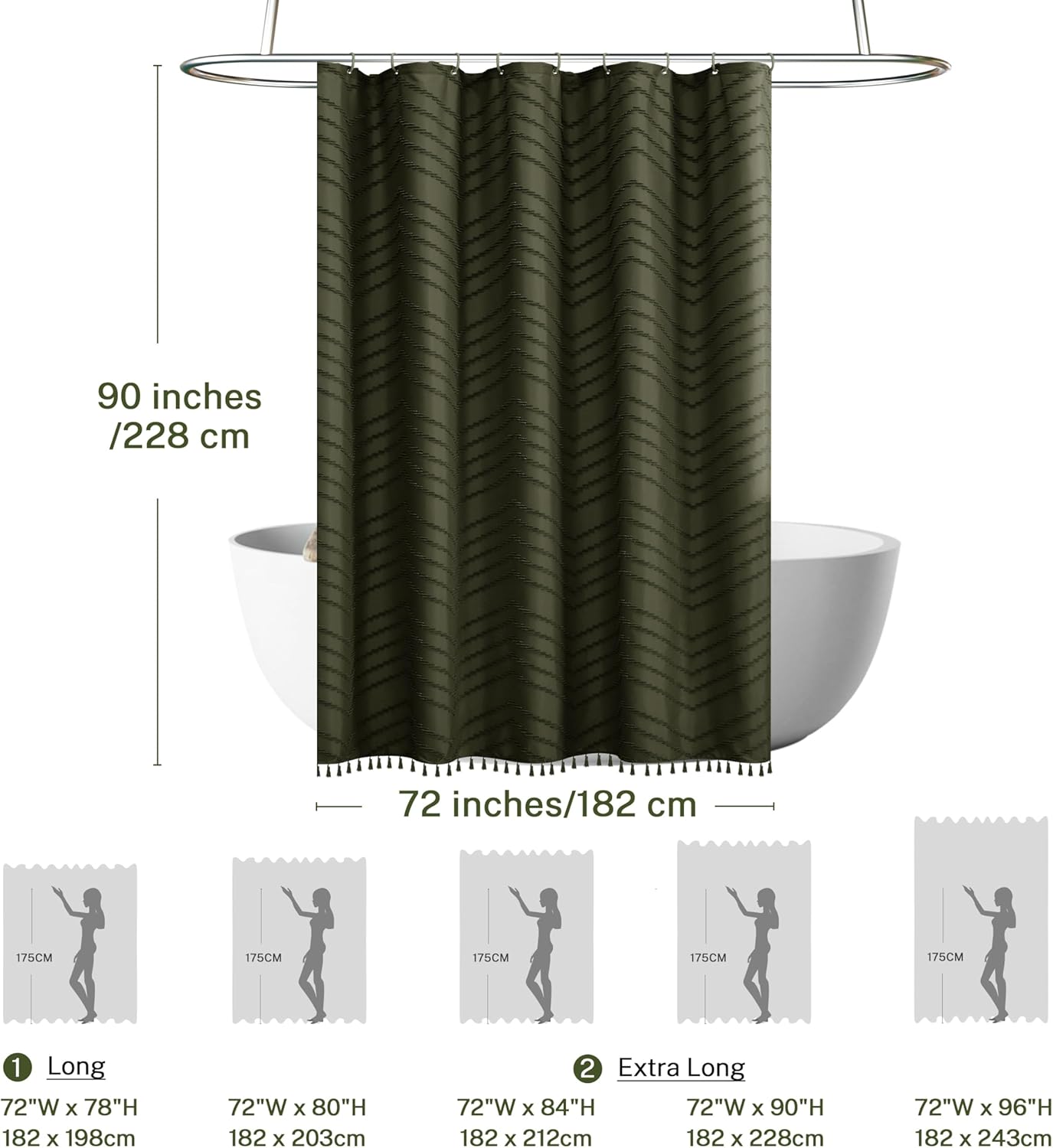 Extra Long Olive Green Boho Shower Curtain with Tassel, Woven Fabric 90 in Shower Curtain, Tufted Chevron Striped, 72 x 90, Modern Chic Textured Minimalist Bathroom Shower