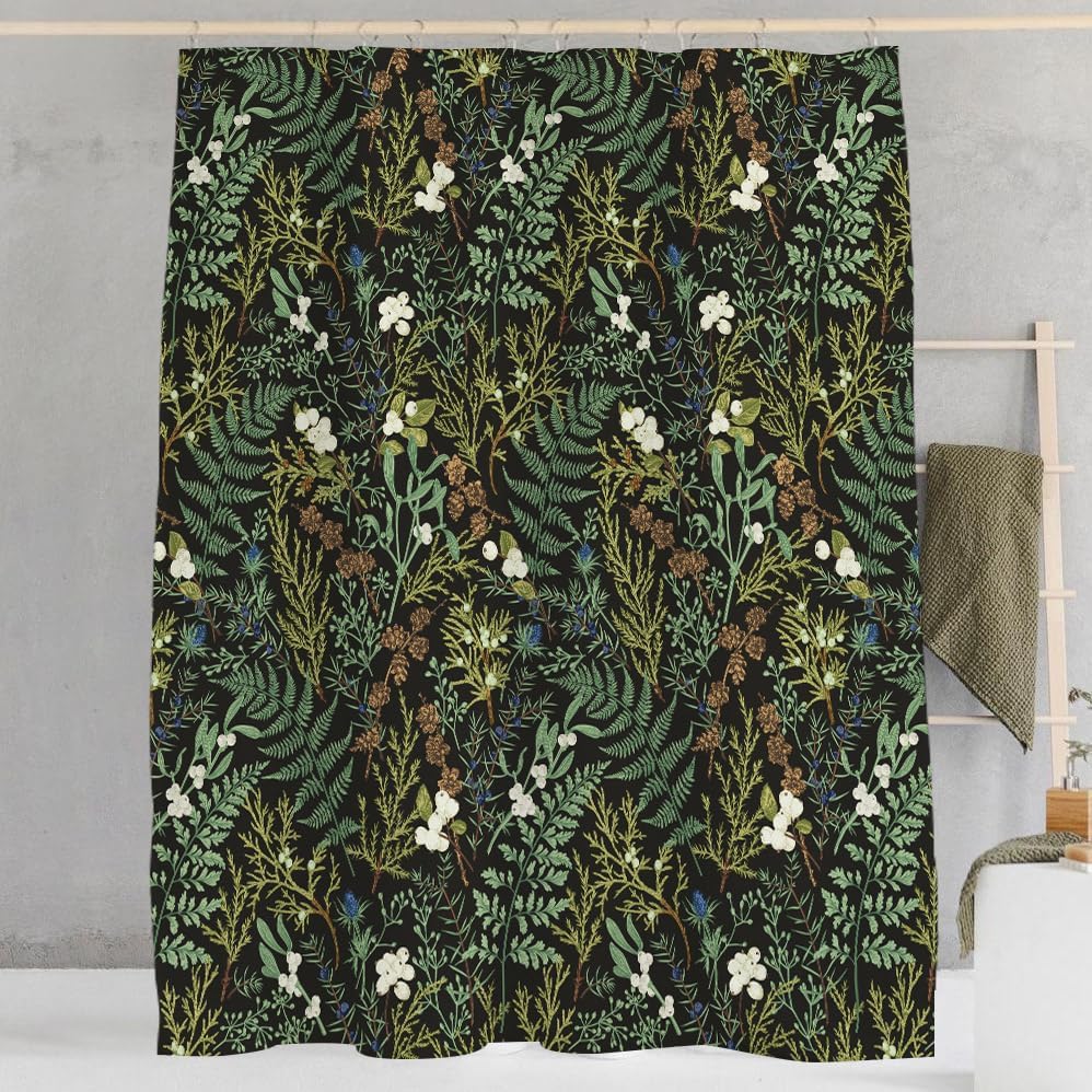 Black Green Vintage Shower Curtain NatureFloral Herbs and Botanical Plants Maximalist Bathroom Decor Dark Cottagecore Shower Curtain Sets 72Wx72H Waterproof Polyester