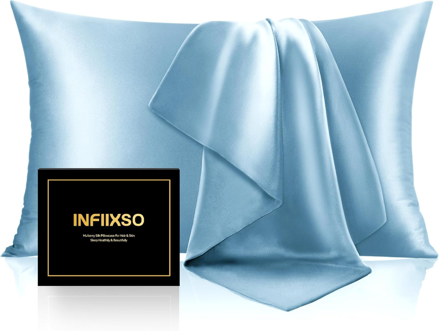INFIIXSO Mulberry Silk Pillowcase for Hair and Skin, Silk Pillow Cases King Size with Hidden Zipper 20x40 Inches, Super Smooth and Soft Cooling Pillow Cases for Hot Sleepers(Light Blue, 1 Pack)