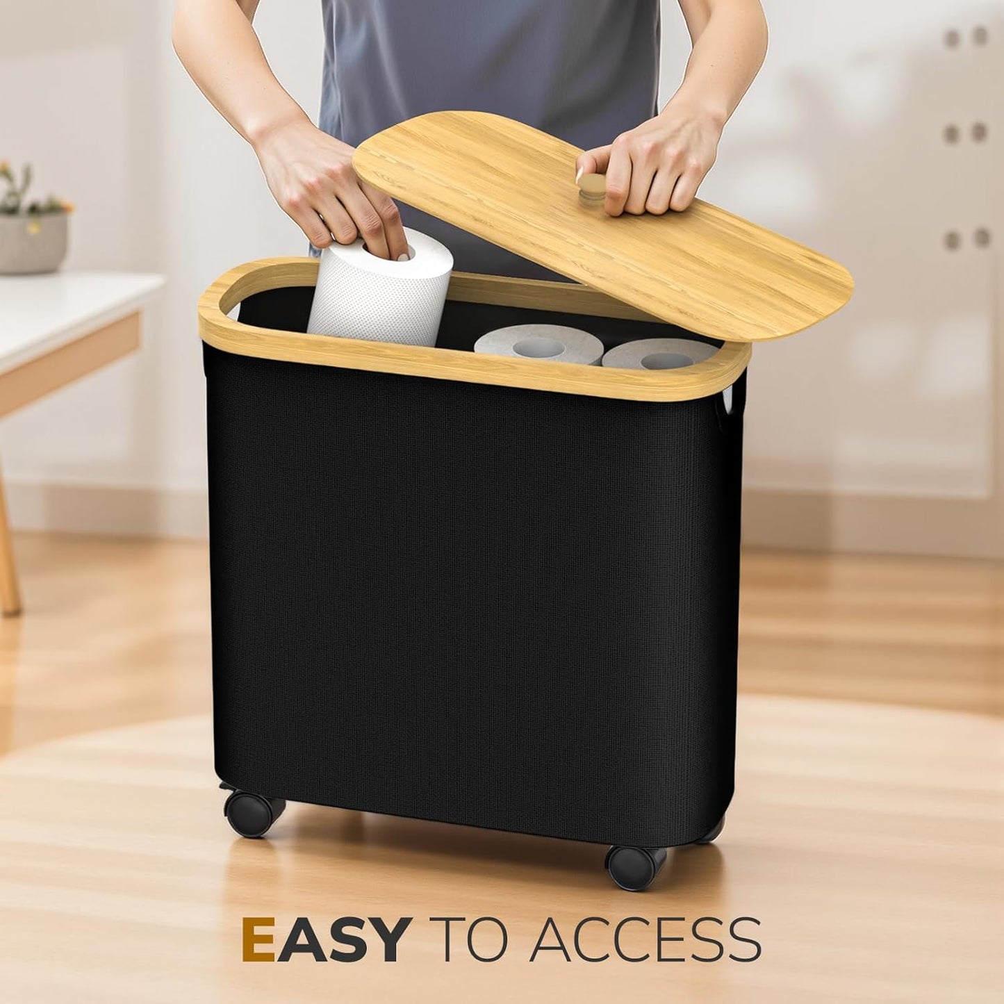 Toilet Paper Storage with Wheel Bamboo Toilet Paper Holder with Lid and Handle Toilet Papers Organizer for Bathroom Free Standing 30L Papers Basket for 9-12 Rolls Bathroom Accessories, Black