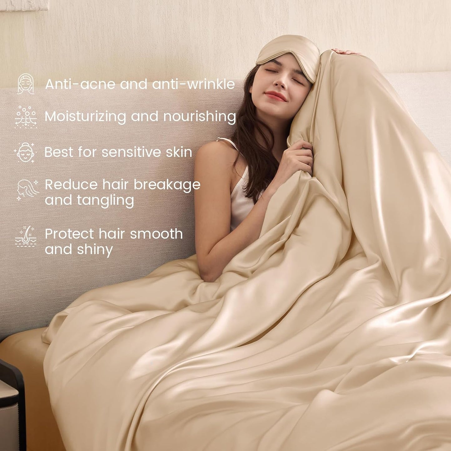 THXSILK 100% Pure Mulberry Silk Duvet Cover Set 3 Piece, 6A+ Grade Luxury Soft Bedding Silk Sheets for Hair and Skin, 1 Pcs Quilt/Comforter Cover with 2 Zippered Pillowcases (Champagne, Cal. King)