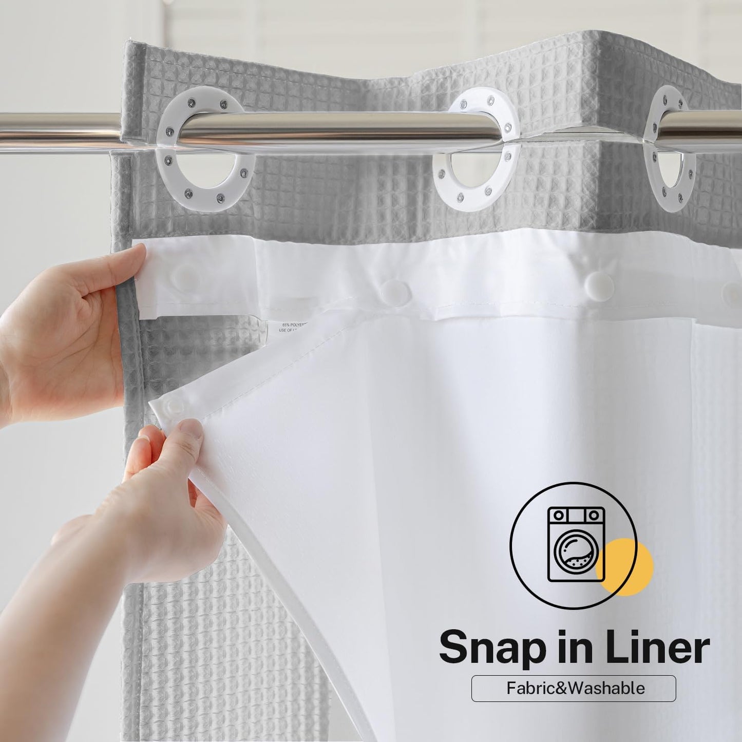River Dream Grey No Hooks Waffle Shower Curtain with Snap in Liner,Cotton Blend Fabric Shower Curtain for Bathroom,Hotel Quality,71W x 74L