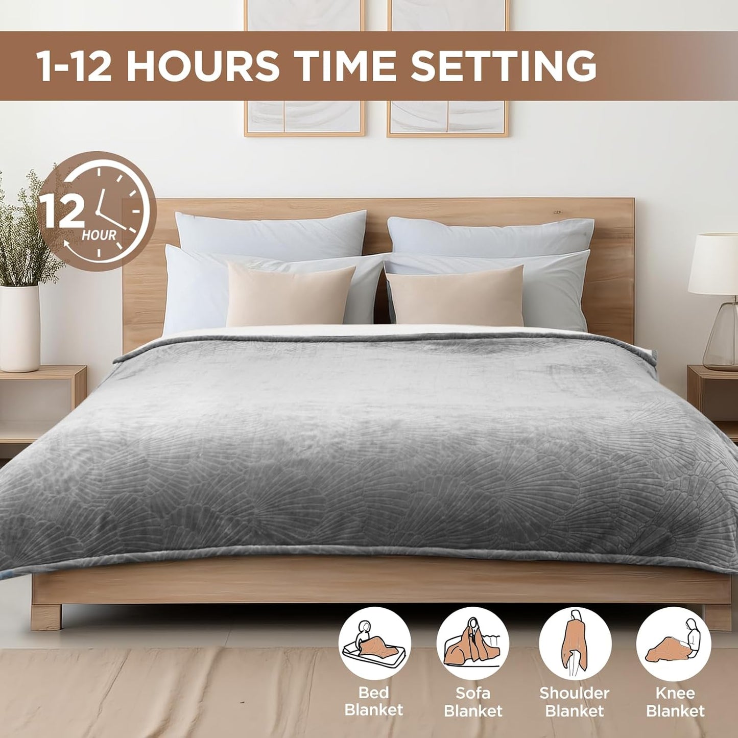 Westinghouse Electric Blanket Queen, Flower Jacquard Heated Blanket Queen Size with 10 Heating Levels and 1-12 Hours Auto-Off, Flannel to Sherpa Reversible, Machine Washable (84" x 90", Light Grey)