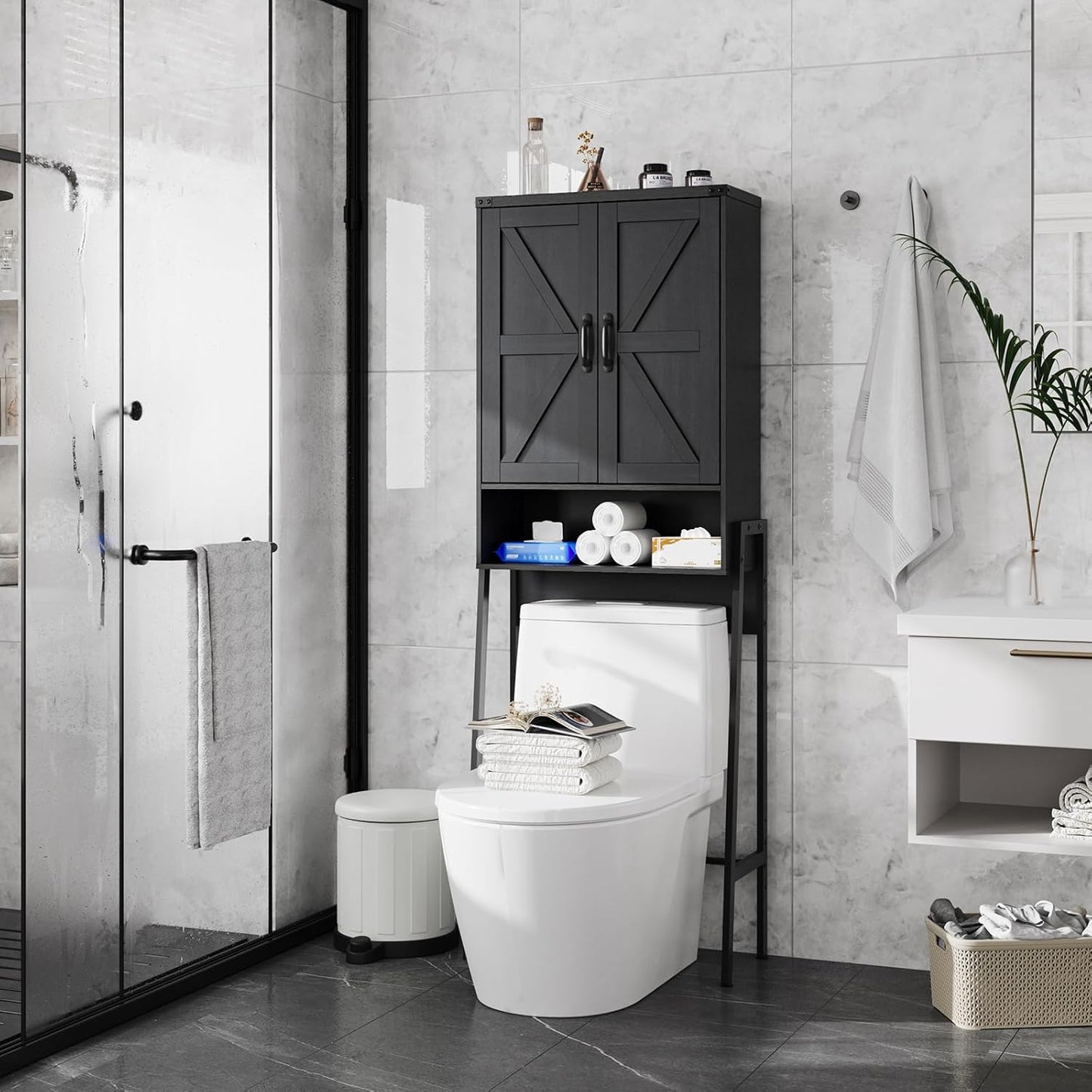 Over The Toilet Storage Cabinet with 2-Door Design Bathroom Organizers and Storage with Anti-Tip Device Over Toilet Organizer with Shelves for Bathroom,Restroom,Laundry Black