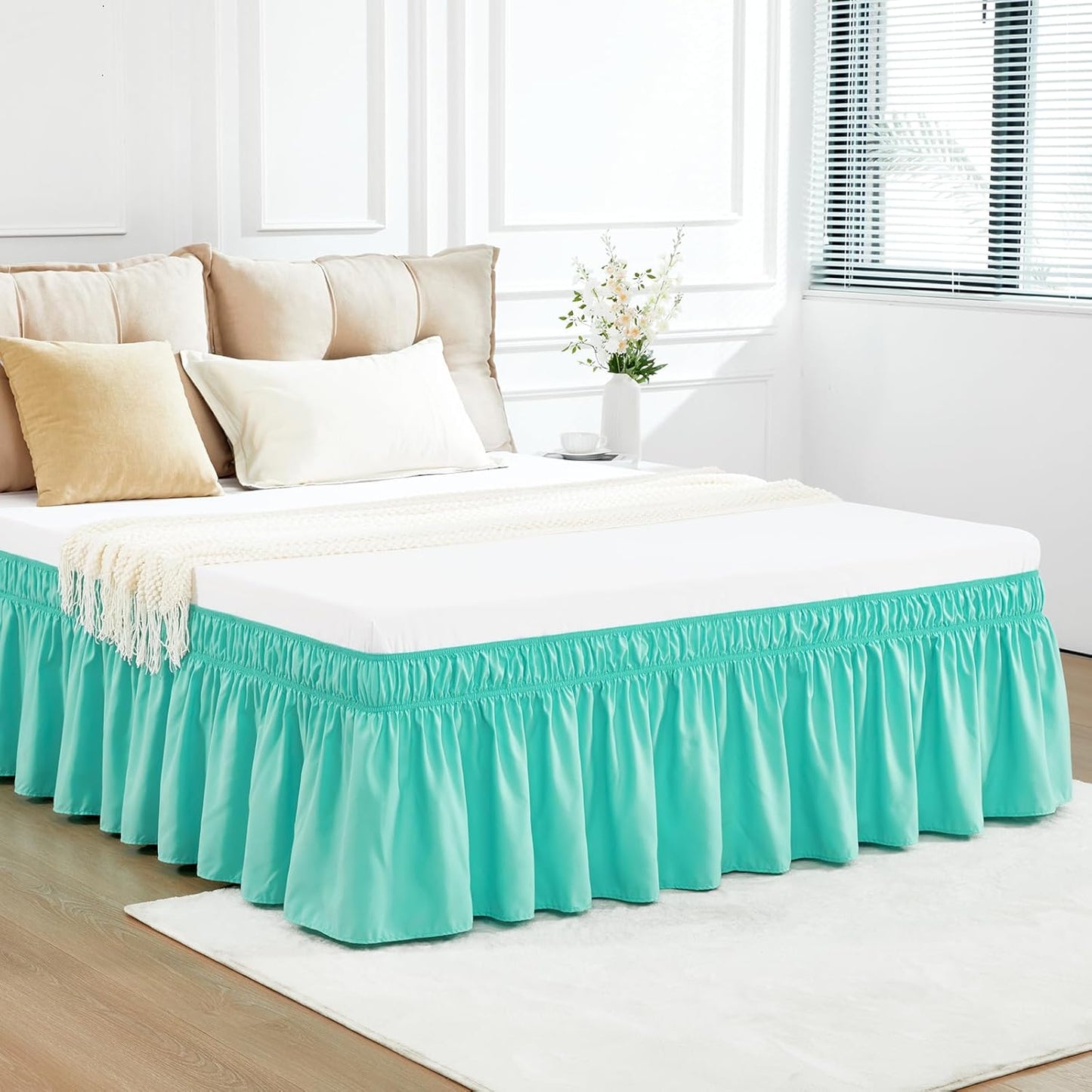 RIMELA Spa Blue Bed Skirt King Size 18 Inch Drop, Elastic Bed Skirting for Bed Base and Frame, Bedding Dust Ruffle Easy to Install, Lightweight Wrap Around Adjustable Bedskirt