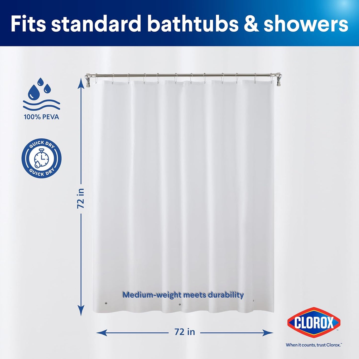 CLOROX Shower Curtain Liner, Premium Lightweight Flexible Waterproof 6g PEVA for Bathroom with Weighted Magnets, Standard Size 72" x 72", White 2 Pack