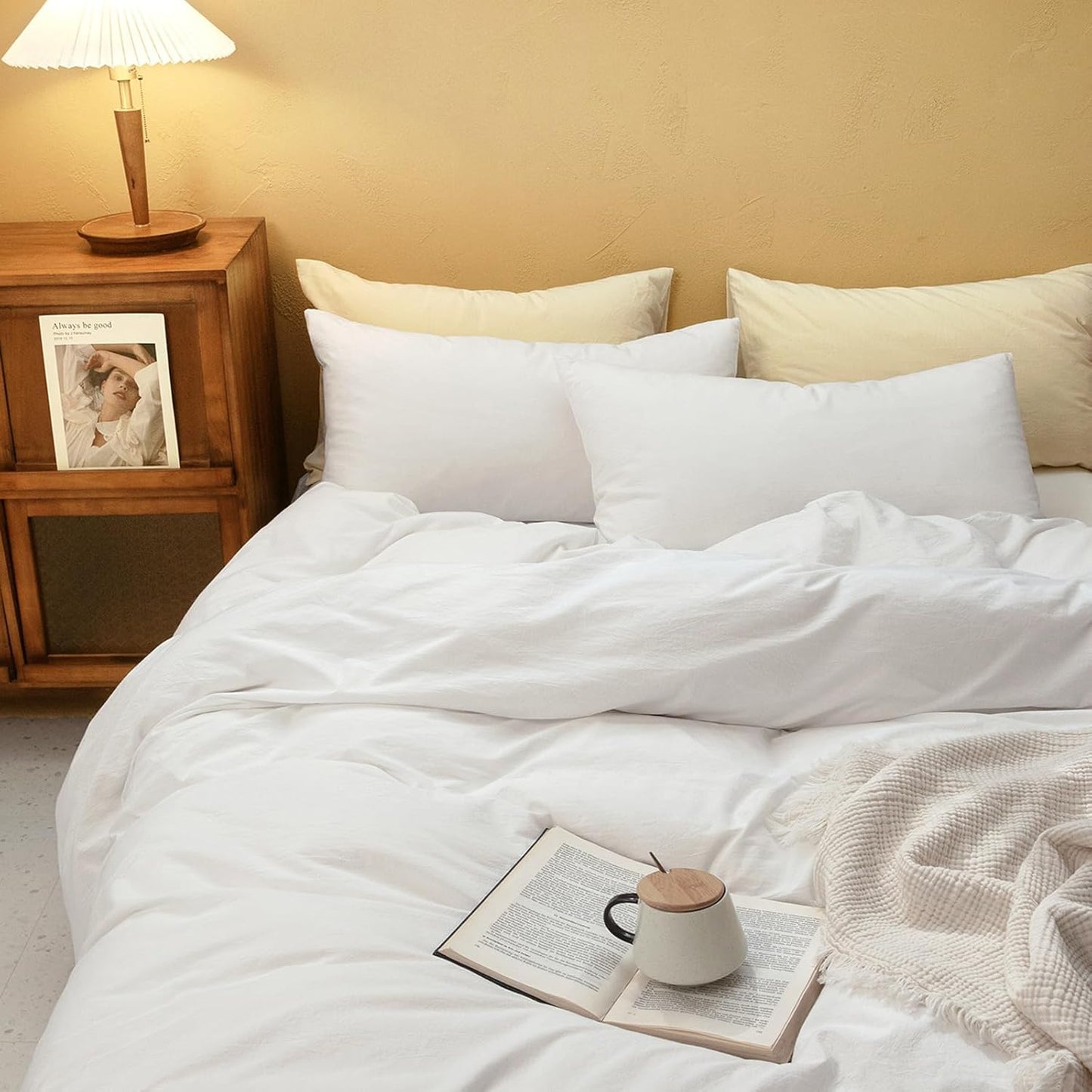 FOSSA Duvet Cover Set 100% Washed Cotton Linen Feel Super Soft Breathable Cozy 3 Pieces Bedding Sets Solid Off White Full/Double