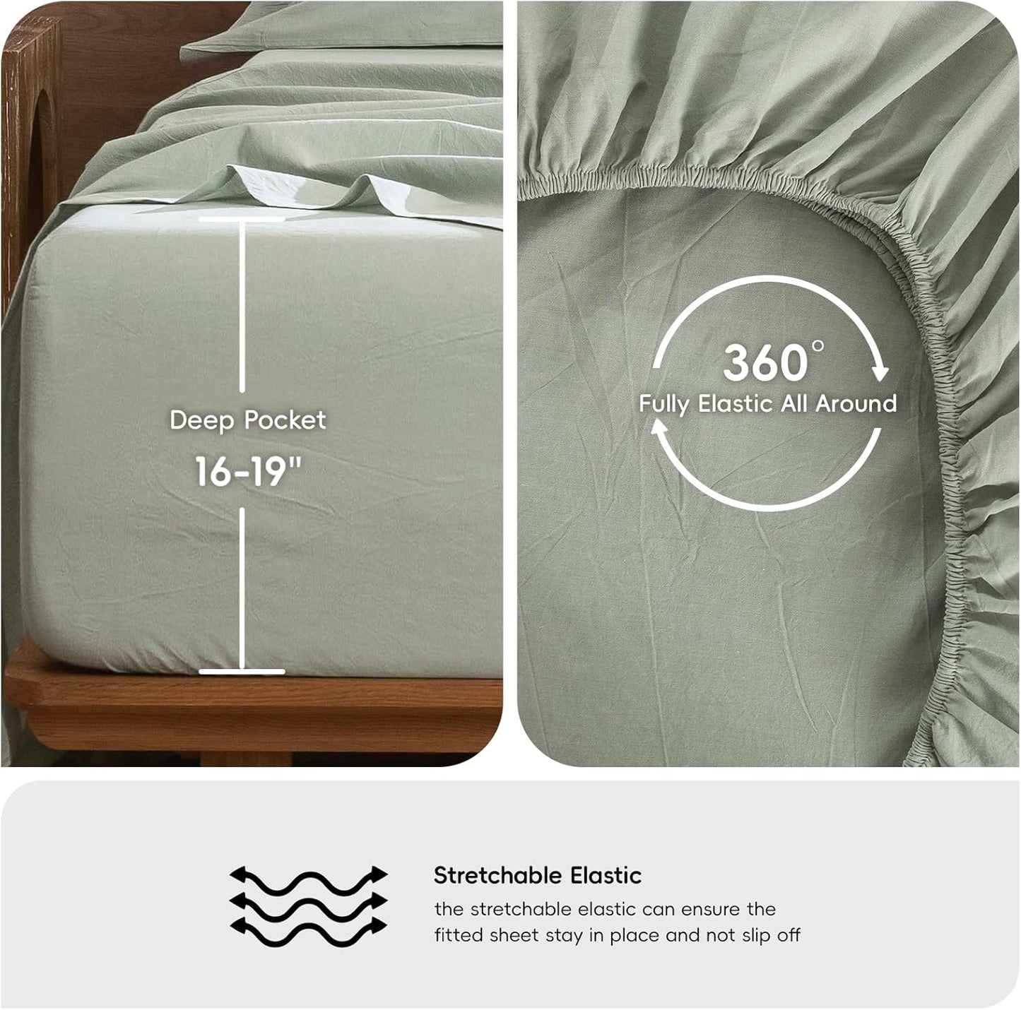 MooMee Bedding Sheet Set 100% Washed Cotton Linen Like Textured Breathable Durable Soft Comfy (Heathered Sage Green, Full)
