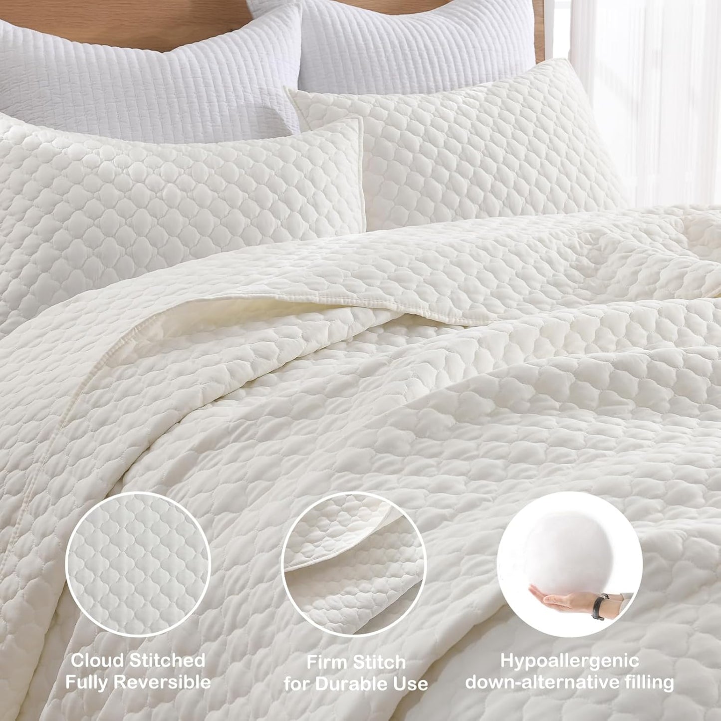 HORIMOTE HOME Cream Quilt Twin Size, Lightweight Quilt for Summer Ultra-Soft Microfiber Modern Style Quilted Clouds Pattern Bedspread Quit Set 2 Pieces (1 Quilt and 1 Pillow Sham)