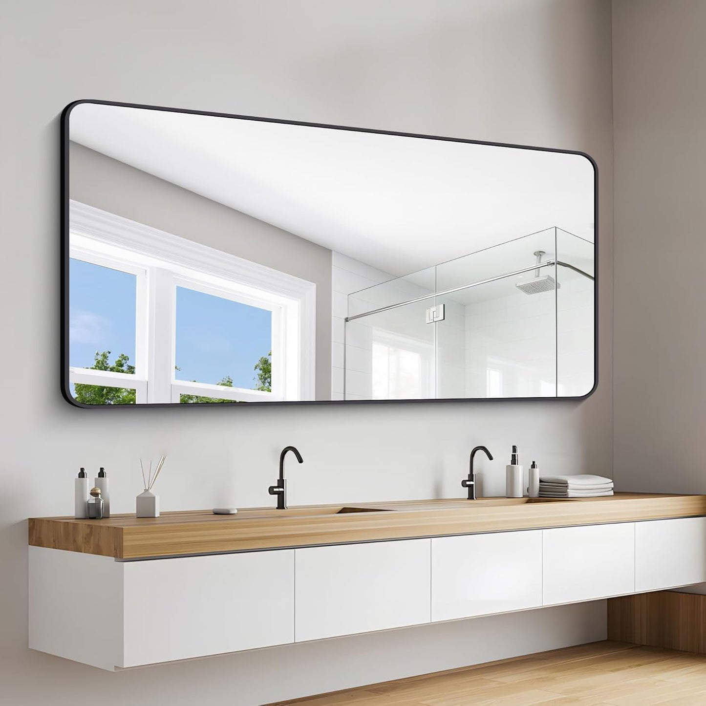 72" x 36"Bathroom Mirror, Matte Black Wall Mirror with Metal Frame, Decorative Rectangular Vanity Mirror for Bedroom Bathroom Living Room Entryway (Horizontal/Vertical)