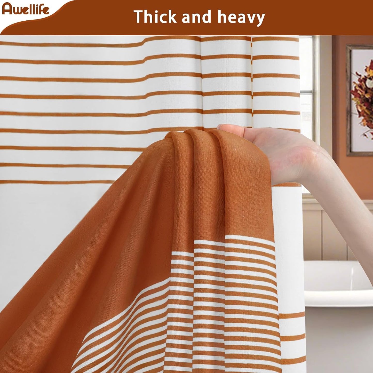 Awellife Boho Orange Shower Curtain for Bathroom Farmhouse Cotton Stripe Tassel Shower Curtain Natural Texture 72" L x 60" W