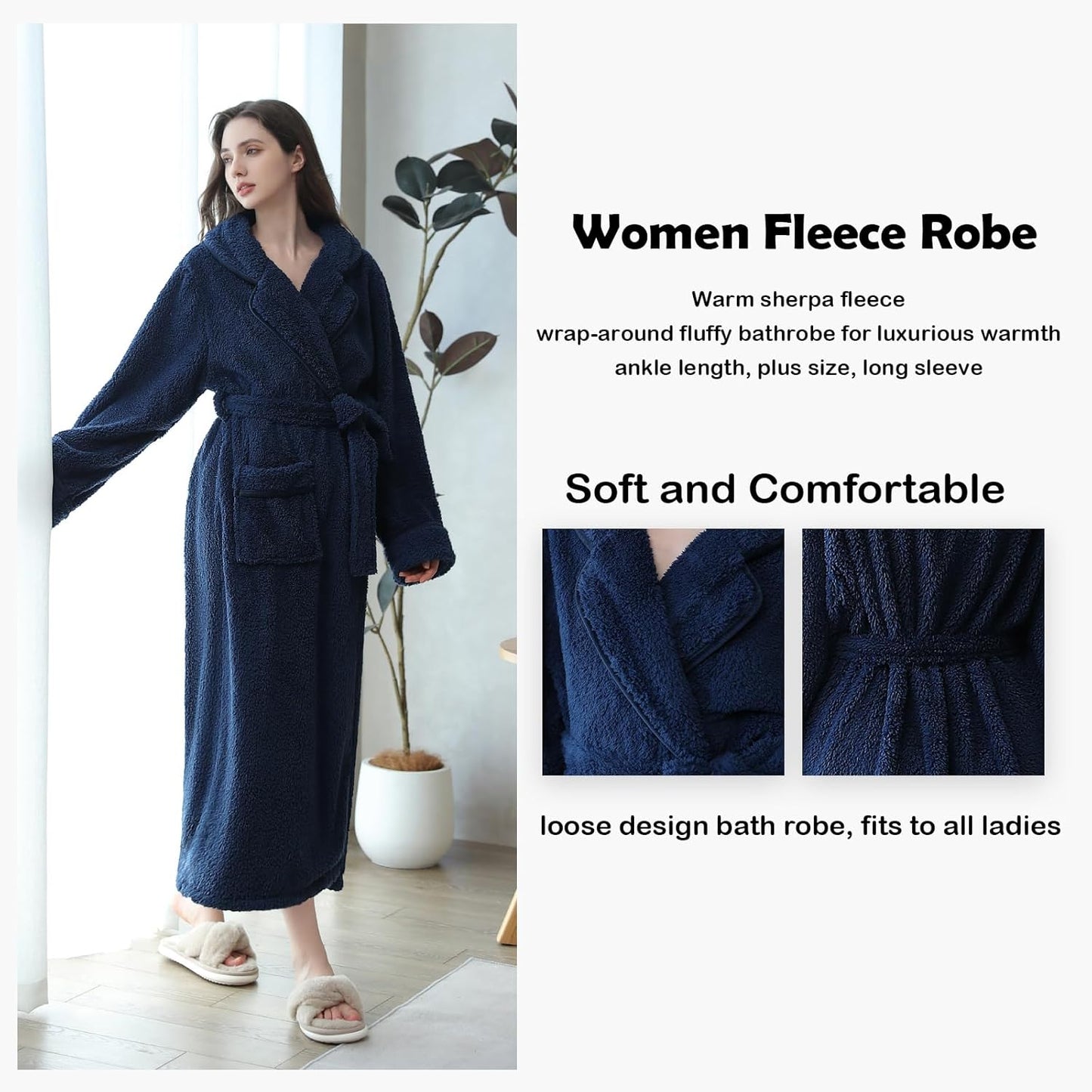 Oksun Womens Long Fleece Robe: Soft Fluffy Warm Bathrobe - Cozy Winter Housecoat Nigthgown with Chic Piping