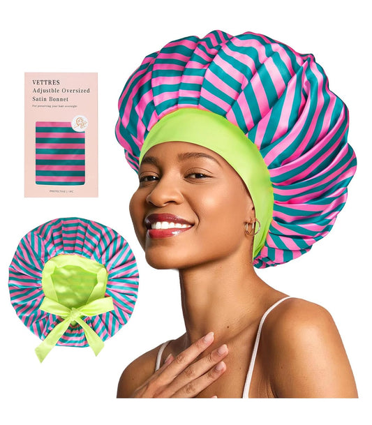 Floral Satin Bonnet For Sleeping Women Double Layer Pleated Design Adjustable Shower Cap For Curly Hair Pink Green Stripes
