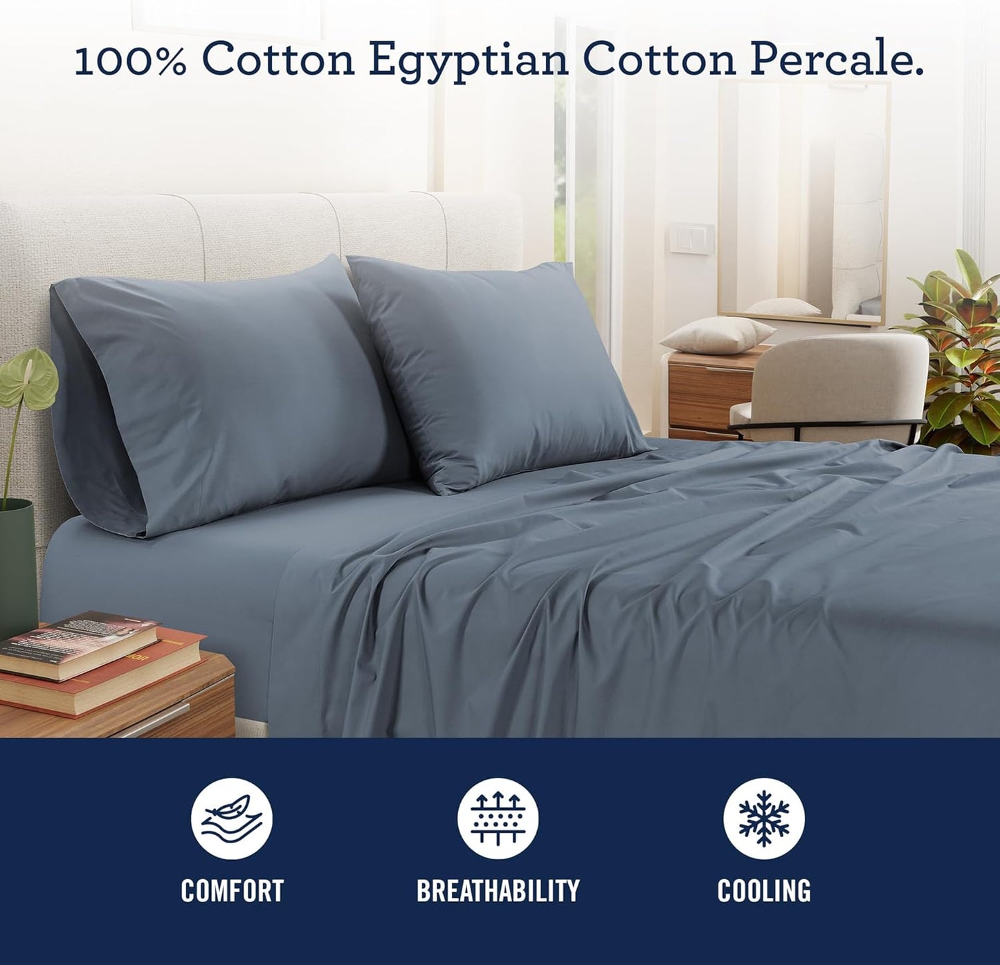 IZOD 100% Egyptian Cotton Sheets Set King Size, Cotton Percale Crisp Sheet Set 4Pc, Lightweight & Deep Pocket fits Upto 17", Long-Staple Soft Combed, Hotel Style Luxury Bedding Sheet - Blue Slate