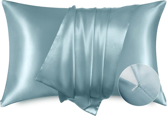 Bedsure Satin Pillowcase with Zipper, Similar to Silk Pillow Cases 2 Pack, Satin Pillow Cases King, Silky & Soft Bedding Pillow Covers for Hair and Skin, Gifts for Women Men, Grey Blue, 20x36 Inches