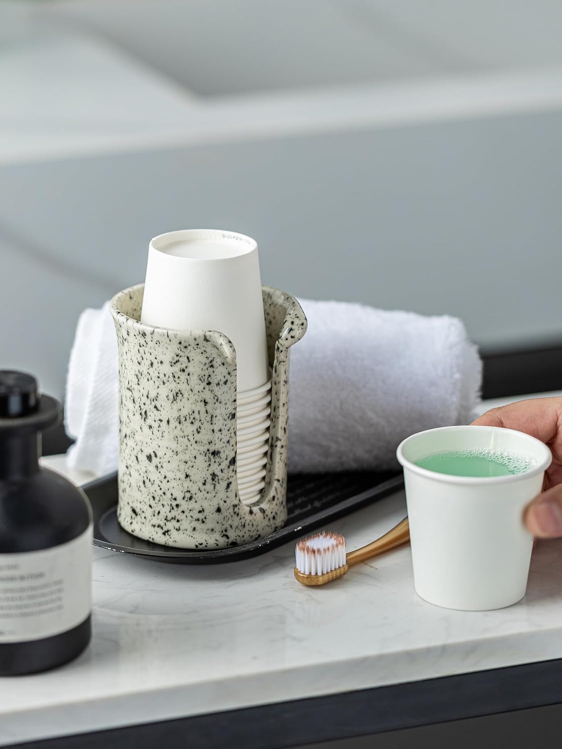 Bathroom Cup Dispenser 3 Oz, Bathroom Cup Holder for Dixie Cups Mouthwash Cup Dispenser, Small Paper Cups Holder for Bathroom Countertop, Ceramic, Speckled White