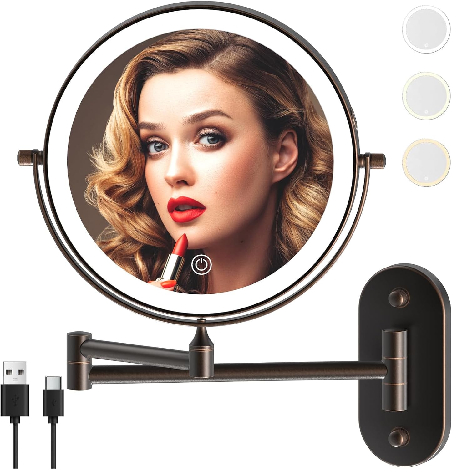 Rechargeable Wall Mounted Lighted Makeup Vanity Mirror 8 Inch Double Sided 1X 10X Magnifying Bathroom Mirror, 3 Color Lighting, Touch Screen Dimming, 360 Rotation Oil Rubbed Bronze