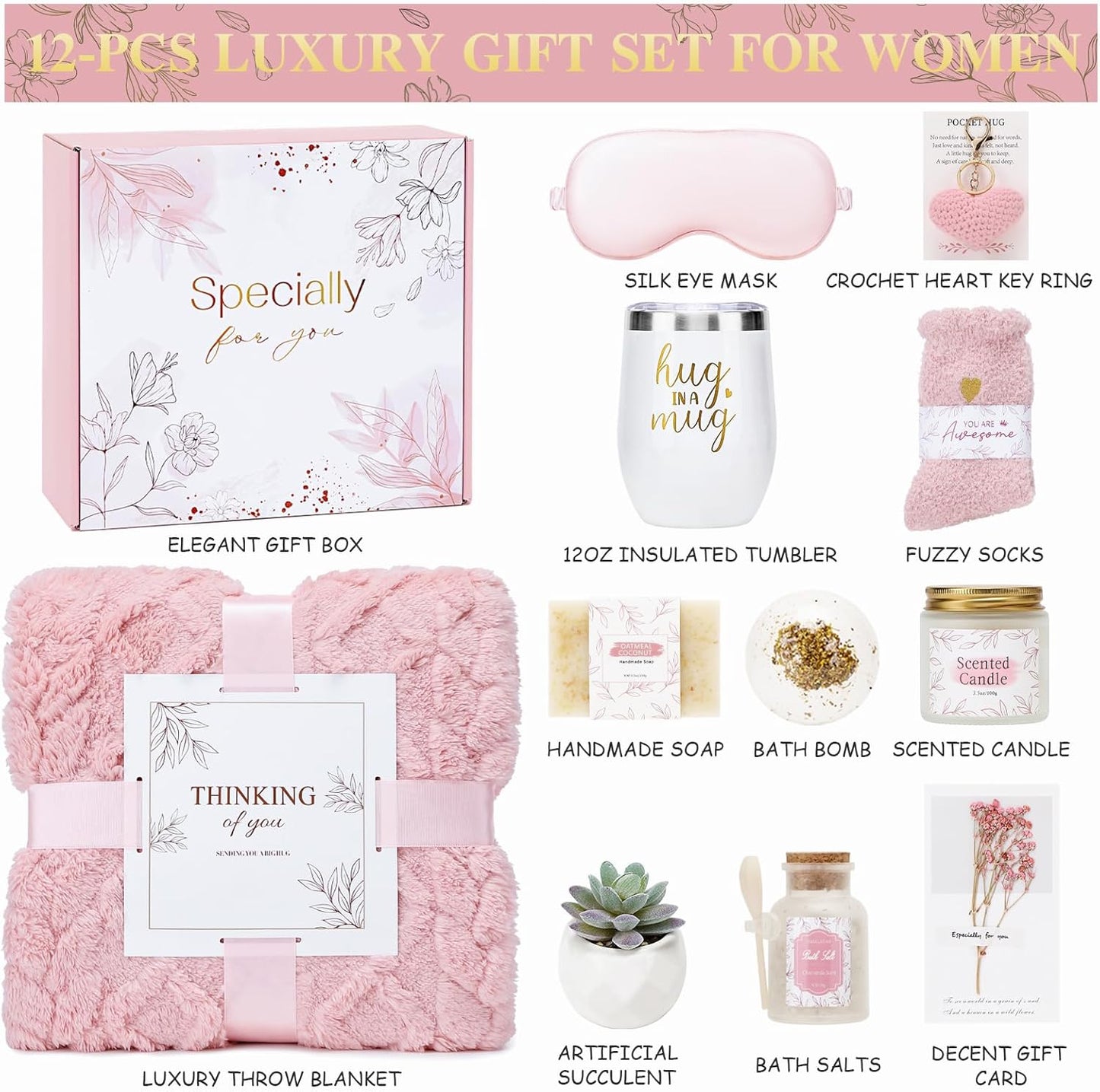 Get Well Gifts for Women Self Care Gifts Basket - Relaxing Spa Care Package After Surgery Thinking of You Birthday Gift - Feel Better Sympathy Gift Set for Her Mom Sister Friend Wife (Pink)