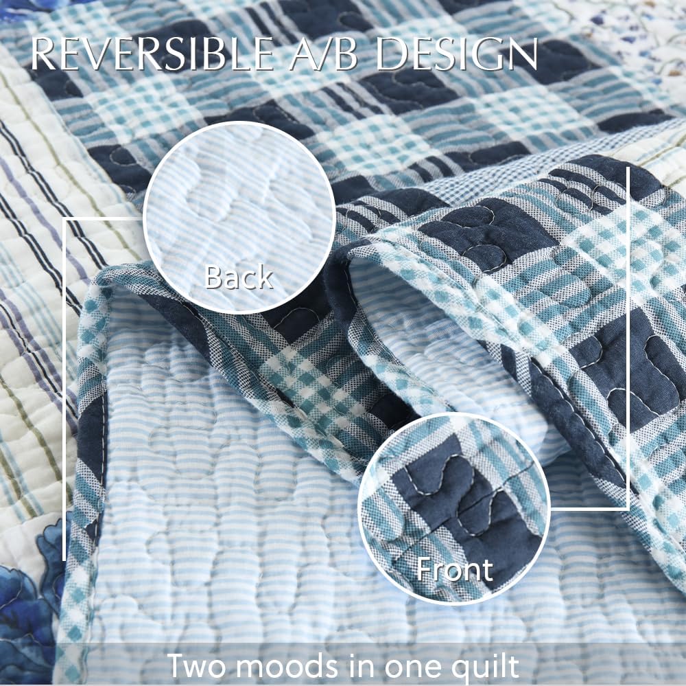 Cotton Bedspread Quilt Bedding Sets 3 Pieces Reversible Coverlet Sets Comforters Rustic Floral Patchwork Blue White Bedspread, Queen Size