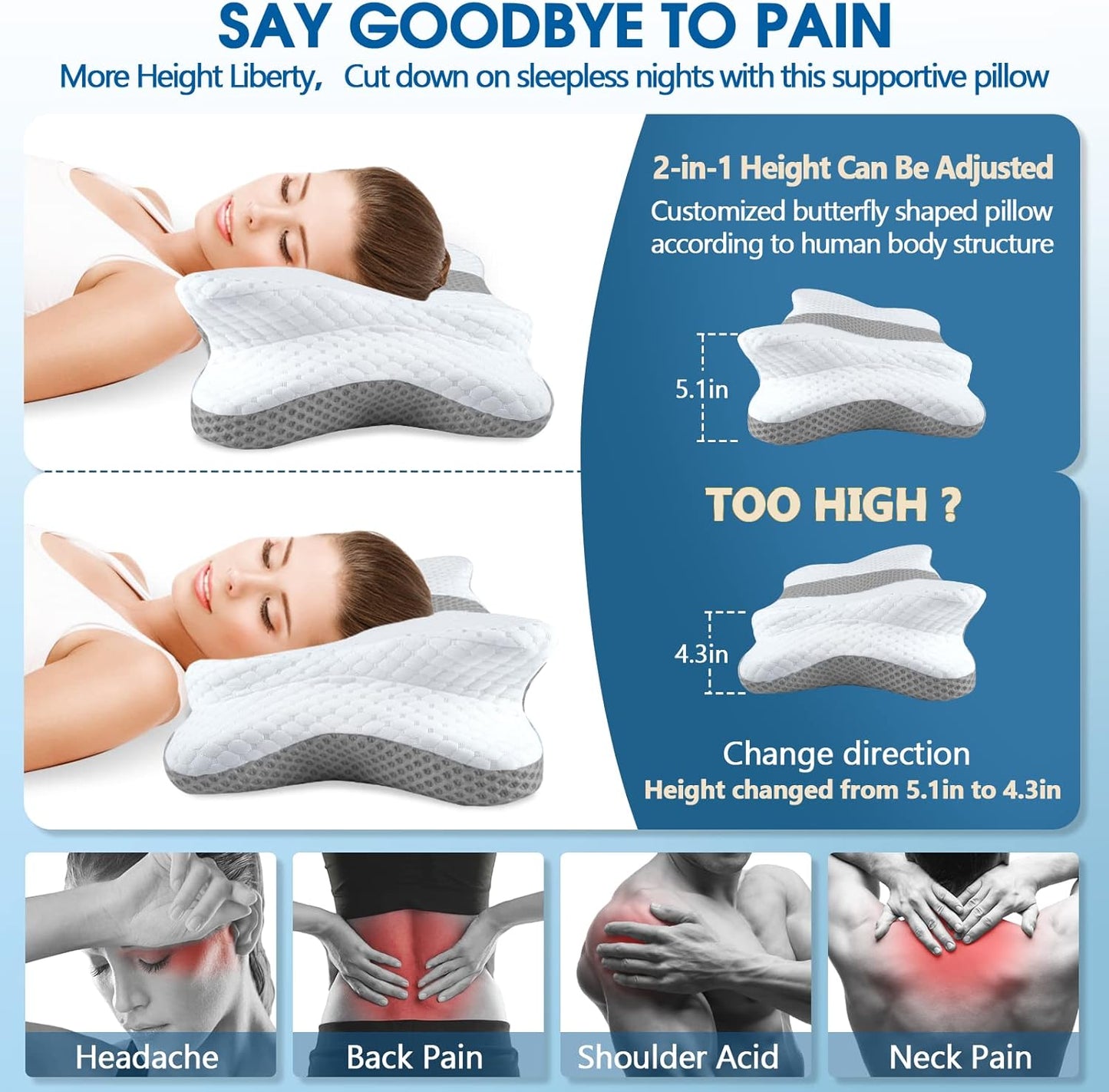 Cervical Neck Pillow for Pain Relief Sleeping, Contour Memory Foam Pillow, Ergonomic Side Sleeper Pillow for Adults, Orthopedic Neck Support Pillow for Back Stomach Sleepers-King Size