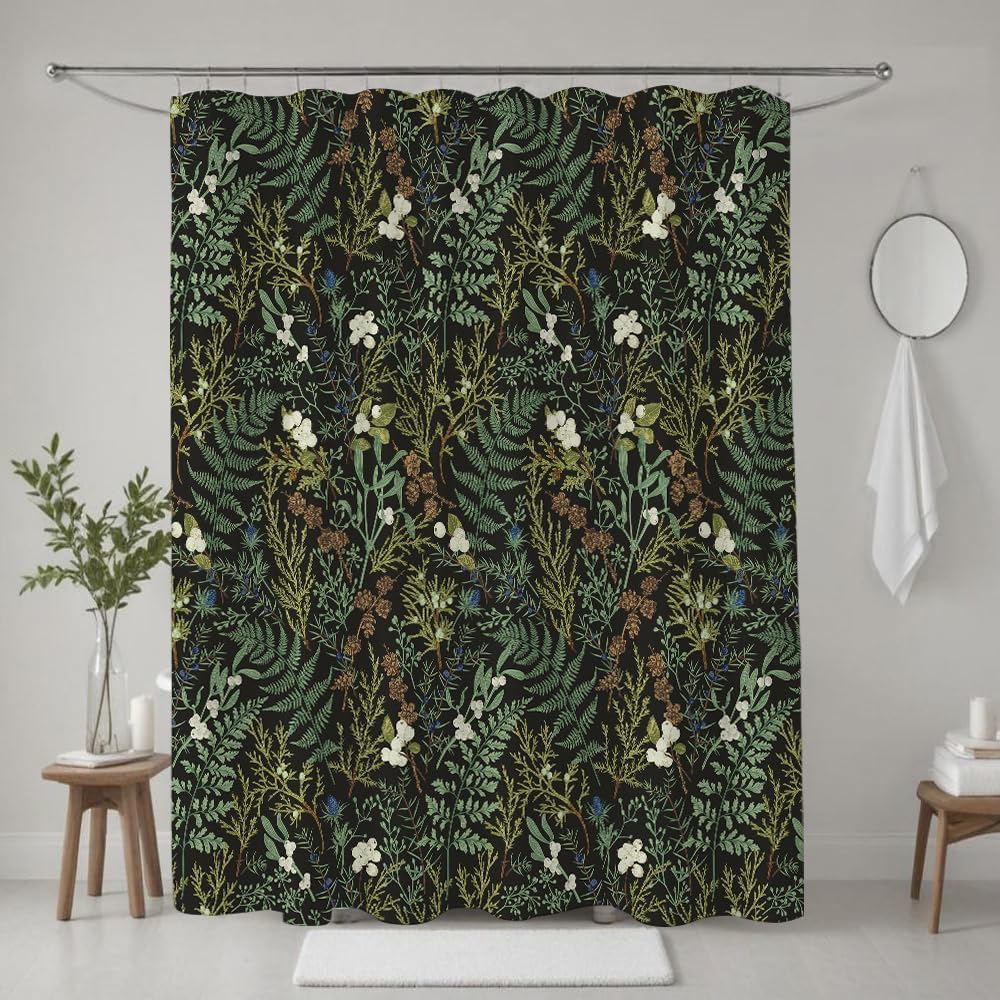 Black Green Vintage Shower Curtain NatureFloral Herbs and Botanical Plants Maximalist Bathroom Decor Dark Cottagecore Shower Curtain Sets 72Wx72H Waterproof Polyester