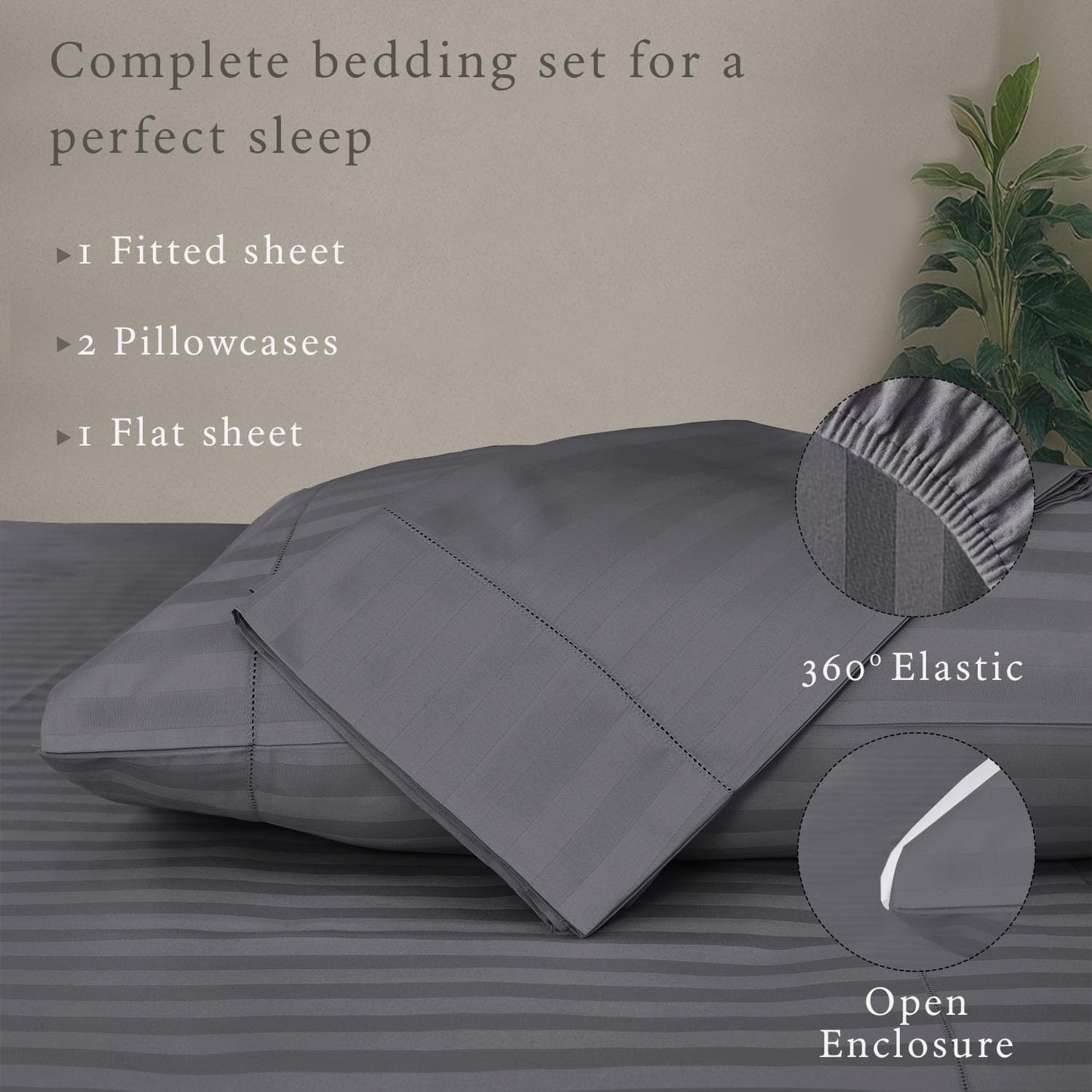 Threadmill 500 Thread Count Queen Size Damask Stripe, 4 Pc Luxury Cotton Sheet Set, Silky Smooth Dark Grey Sheets with 16" Elasticized Deep Pocket, 2 Pillowcases & Free Tote Bag