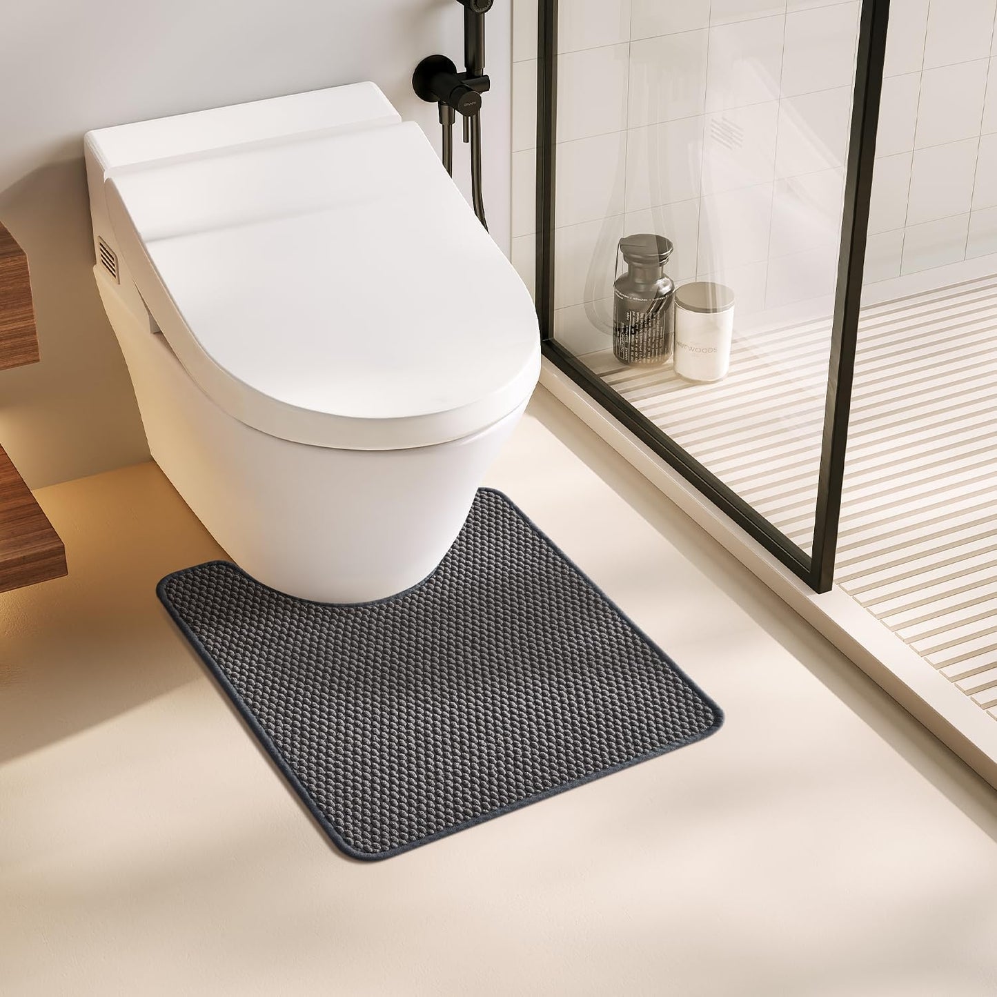 Toilet Rug, Thin Toilet Rugs U Shaped Washable Non Slip Absorbent Quick Dry Low Pile Toilet Mat, Dark Grey 20"x24" U Shape
