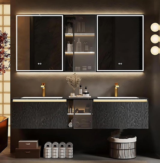 68" Double Bathroom Sink Vanity, Modern Bathroom Vanity Includes LED Smart Defogging Mirror Cabinet & Semi-Open Storage & Ceramic Basin, Floating Bathroom Cabinet with Sensor Light (Charcoal Grey)