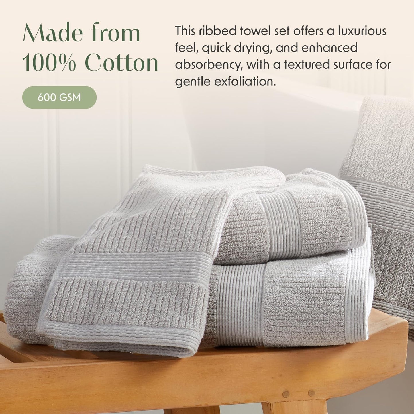 Springtree Home Grey Bath Towels Set of 4 | Ribbed Textured | 100% Combed Cotton | Absorbent Quick-Dry Gray Towels for Bathroom | Oeko-TEX® Standard 100 Cotton | Mauro Collection - High Rise Grey