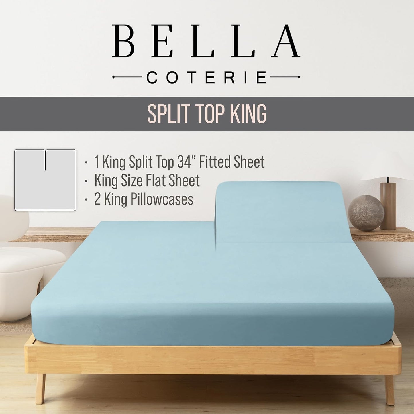 Bella Coterie Luxury Bamboo Viscose 34” Split Top King Size Sheet Set | 1 Fitted Sheet for Sleep Number & Adjustable Beds | 100% Organically Grown | Cooling & Soft | 18” Deep Pocket [Coastal Blue]