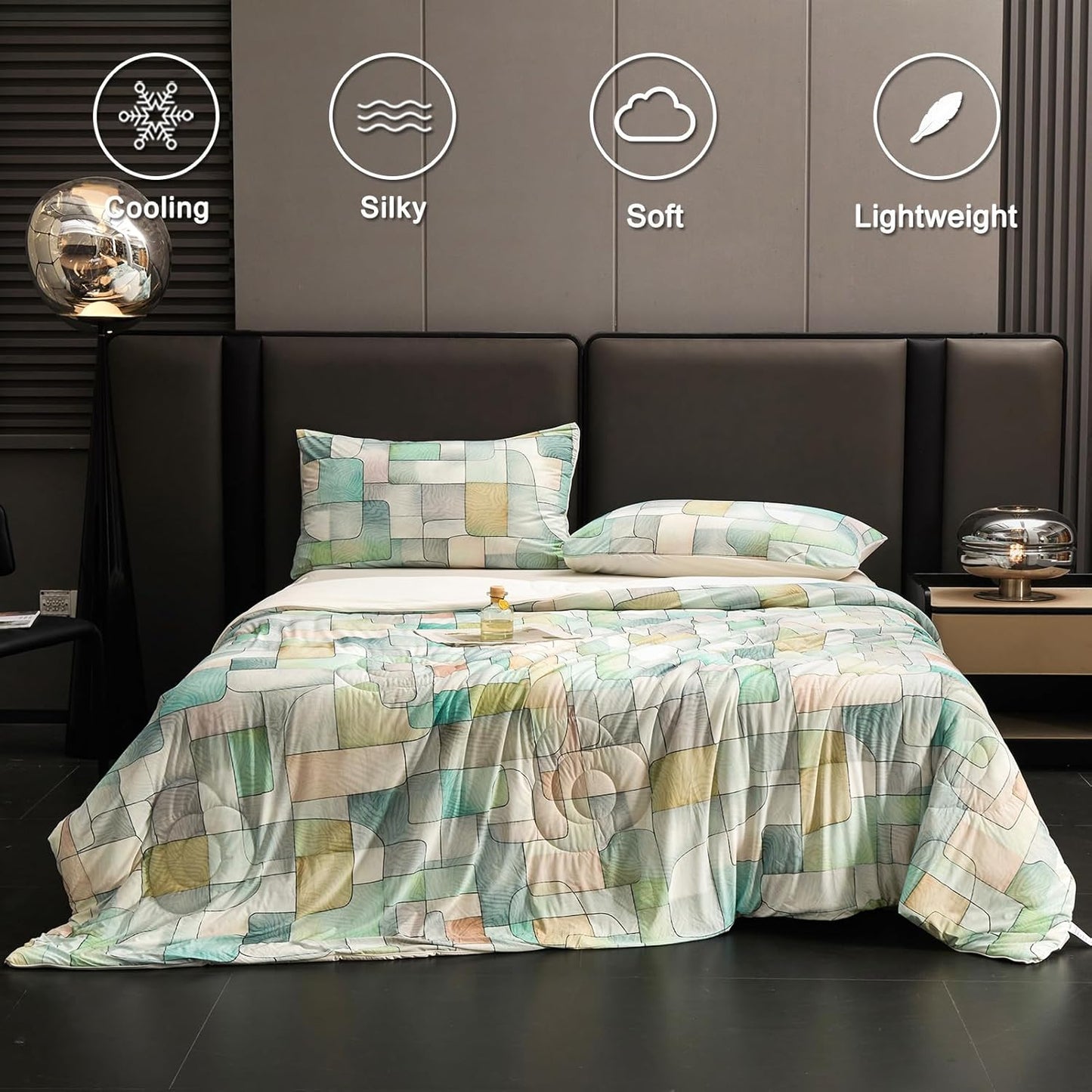 Cyusri Print Cooling Comforter Set 3Pcs Breathable Cool Queen Size Bedding Set with 2 Pillowcases Green Geometric Pattern Silky Cold Quilt, 90"x90"